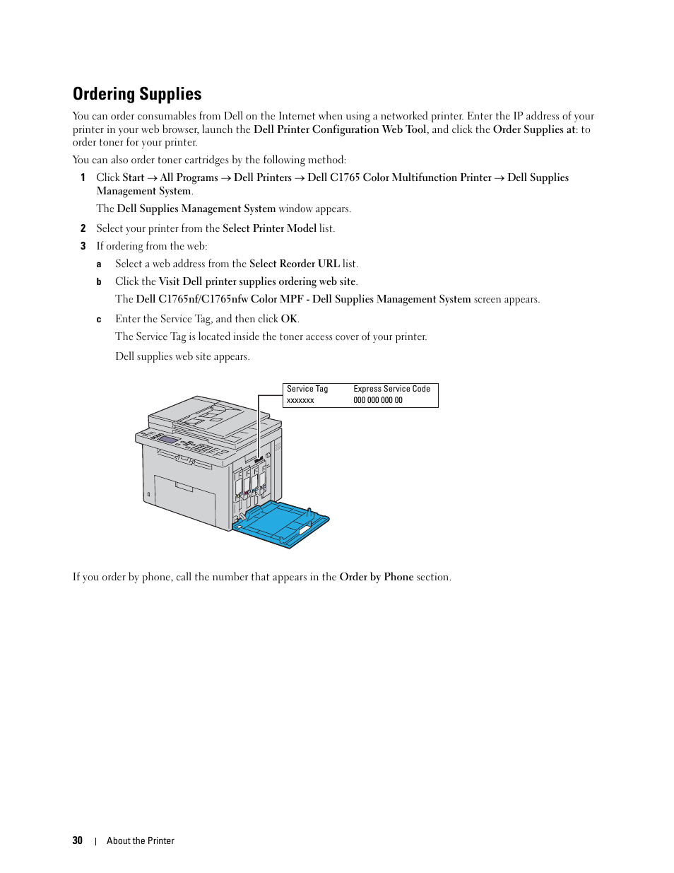Ordering supplies | Dell C1765NFW MFP Laser Printer User Manual | Page 32 / 382