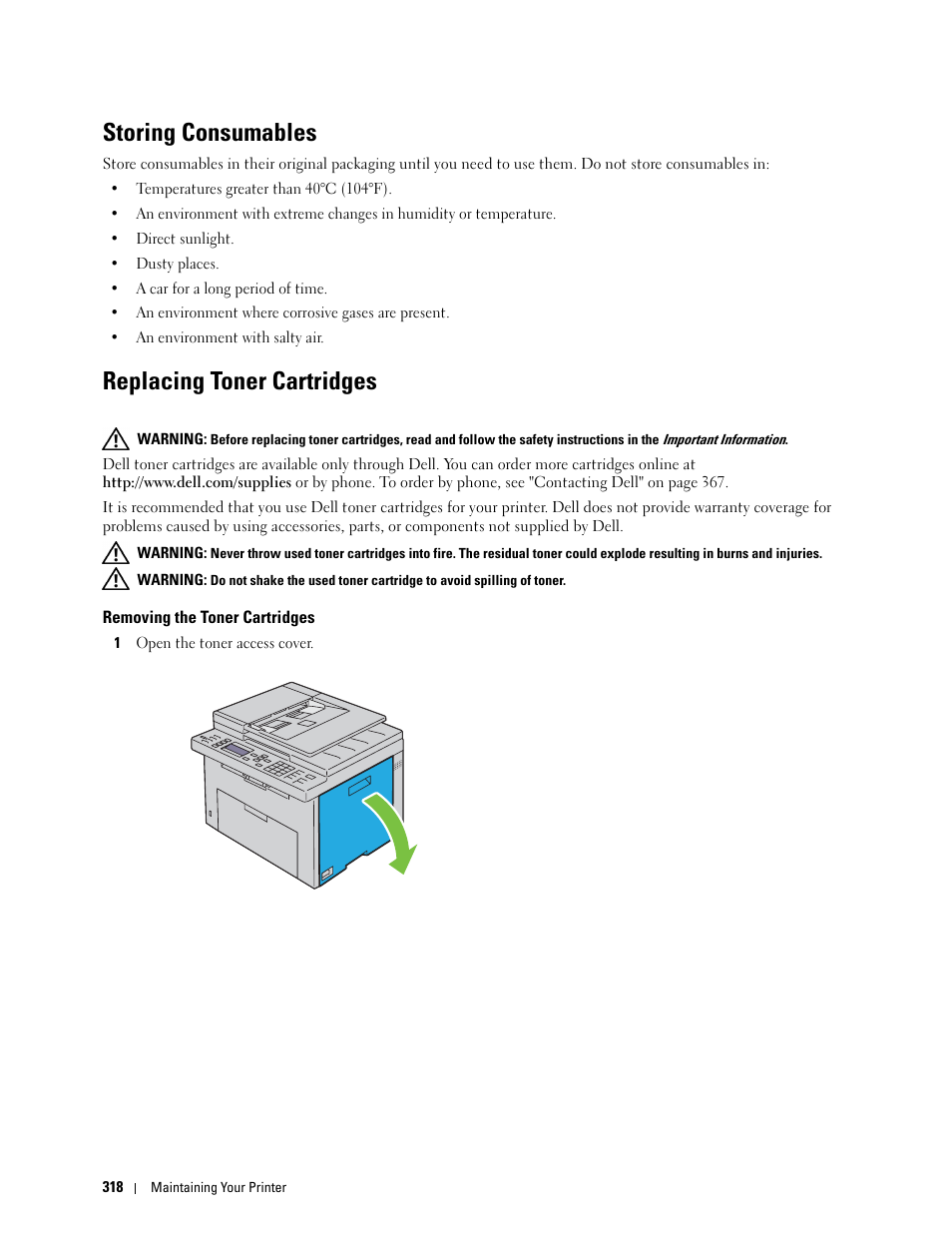 Storing consumables, Replacing toner cartridges, Removing the toner cartridges | Dell C1765NFW MFP Laser Printer User Manual | Page 320 / 382