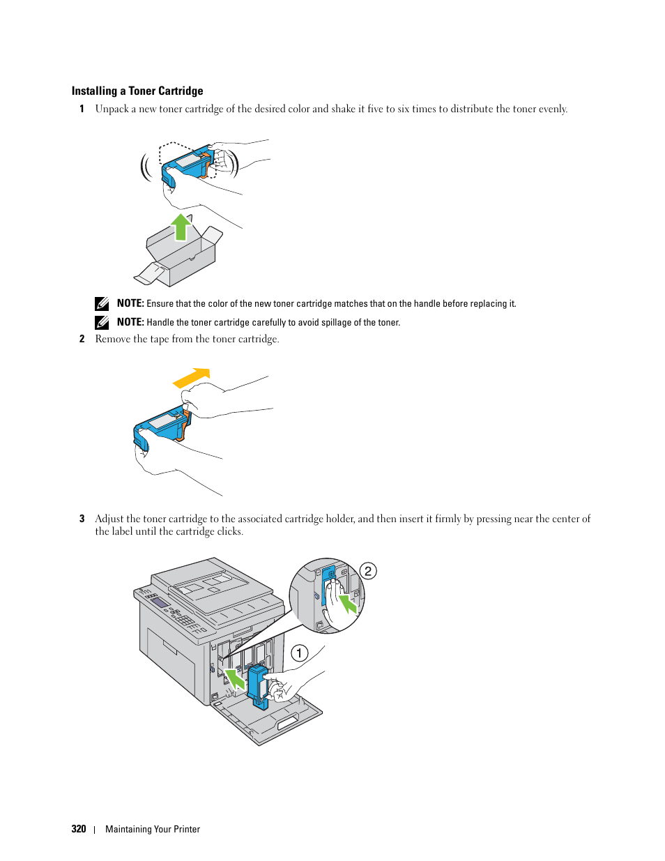 Installing a toner cartridge | Dell C1765NFW MFP Laser Printer User Manual | Page 322 / 382