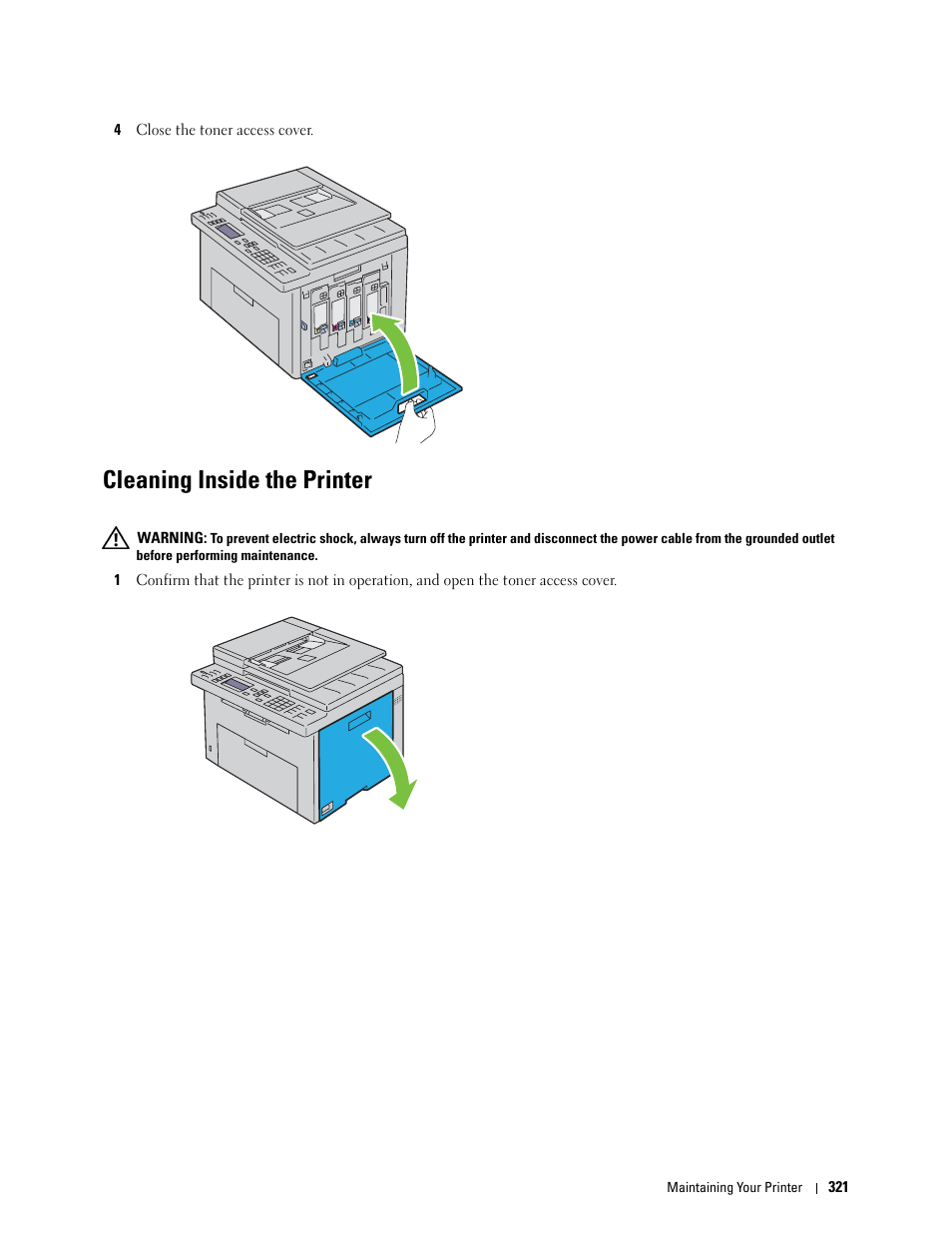 Cleaning inside the printer | Dell C1765NFW MFP Laser Printer User Manual | Page 323 / 382