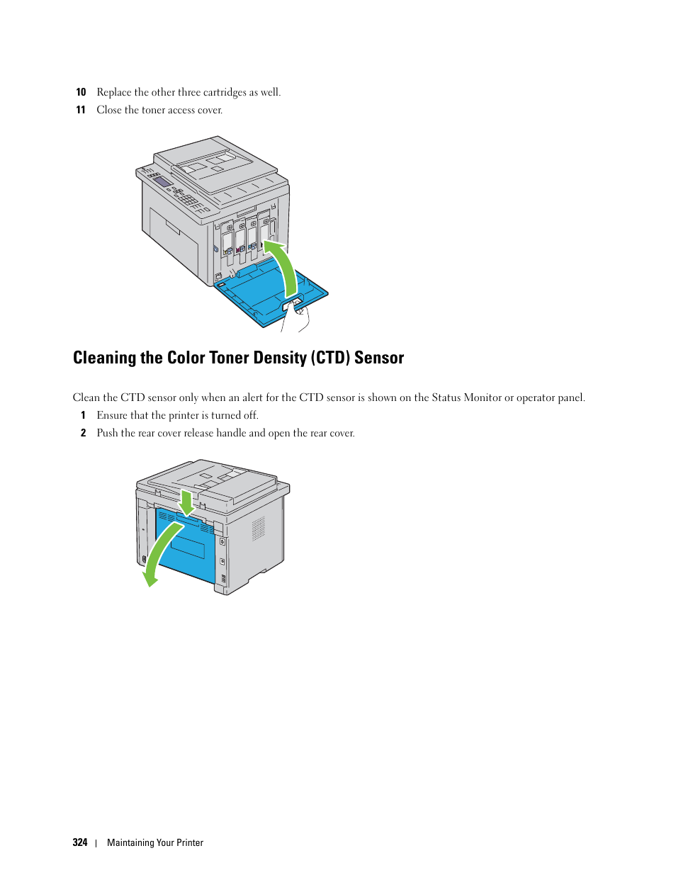Cleaning the color toner density (ctd) sensor | Dell C1765NFW MFP Laser Printer User Manual | Page 326 / 382