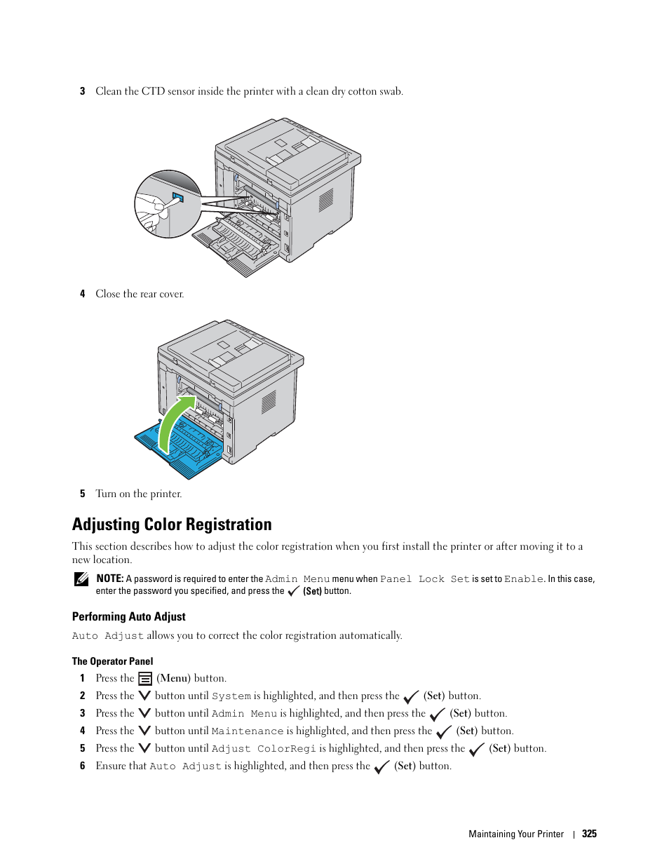 Adjusting color registration, Performing auto adjust | Dell C1765NFW MFP Laser Printer User Manual | Page 327 / 382