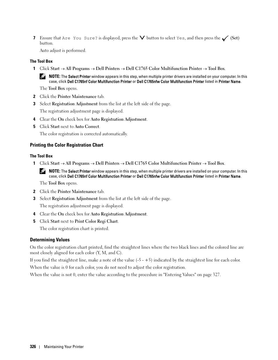 Printing the color registration chart, Determining values | Dell C1765NFW MFP Laser Printer User Manual | Page 328 / 382
