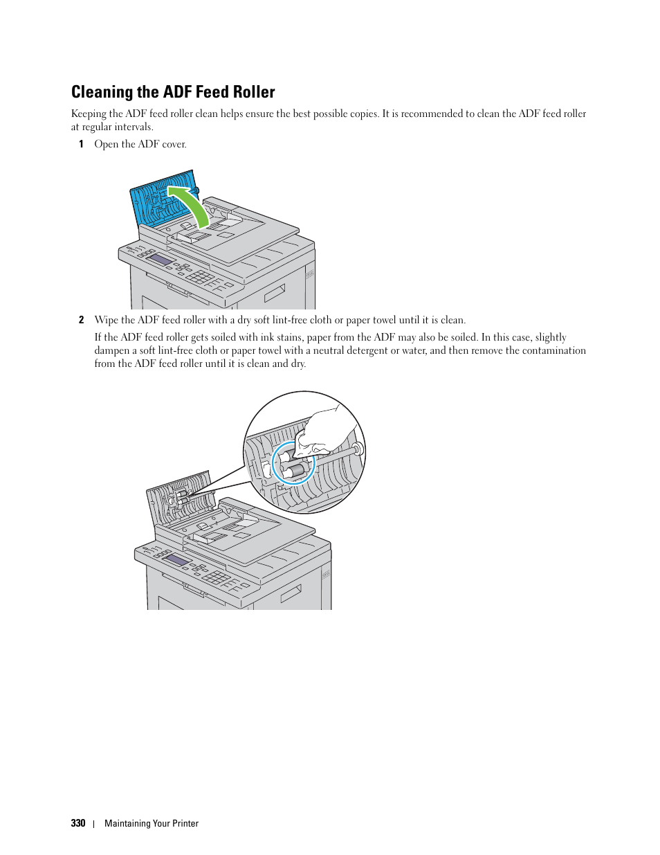 Cleaning the adf feed roller | Dell C1765NFW MFP Laser Printer User Manual | Page 332 / 382