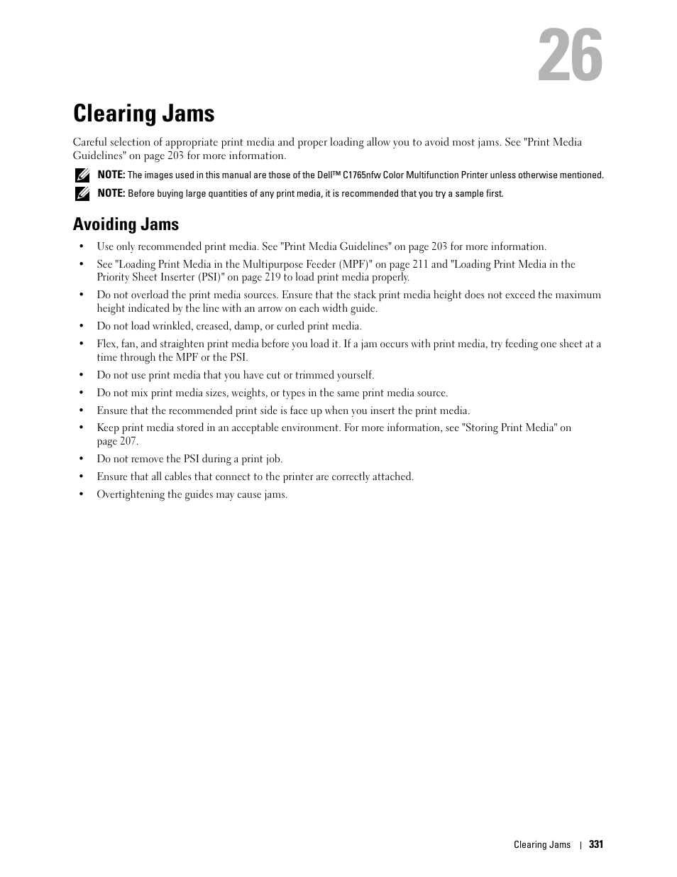 Clearing jams, Avoiding jams, 26 clearing jams | Dell C1765NFW MFP Laser Printer User Manual | Page 333 / 382