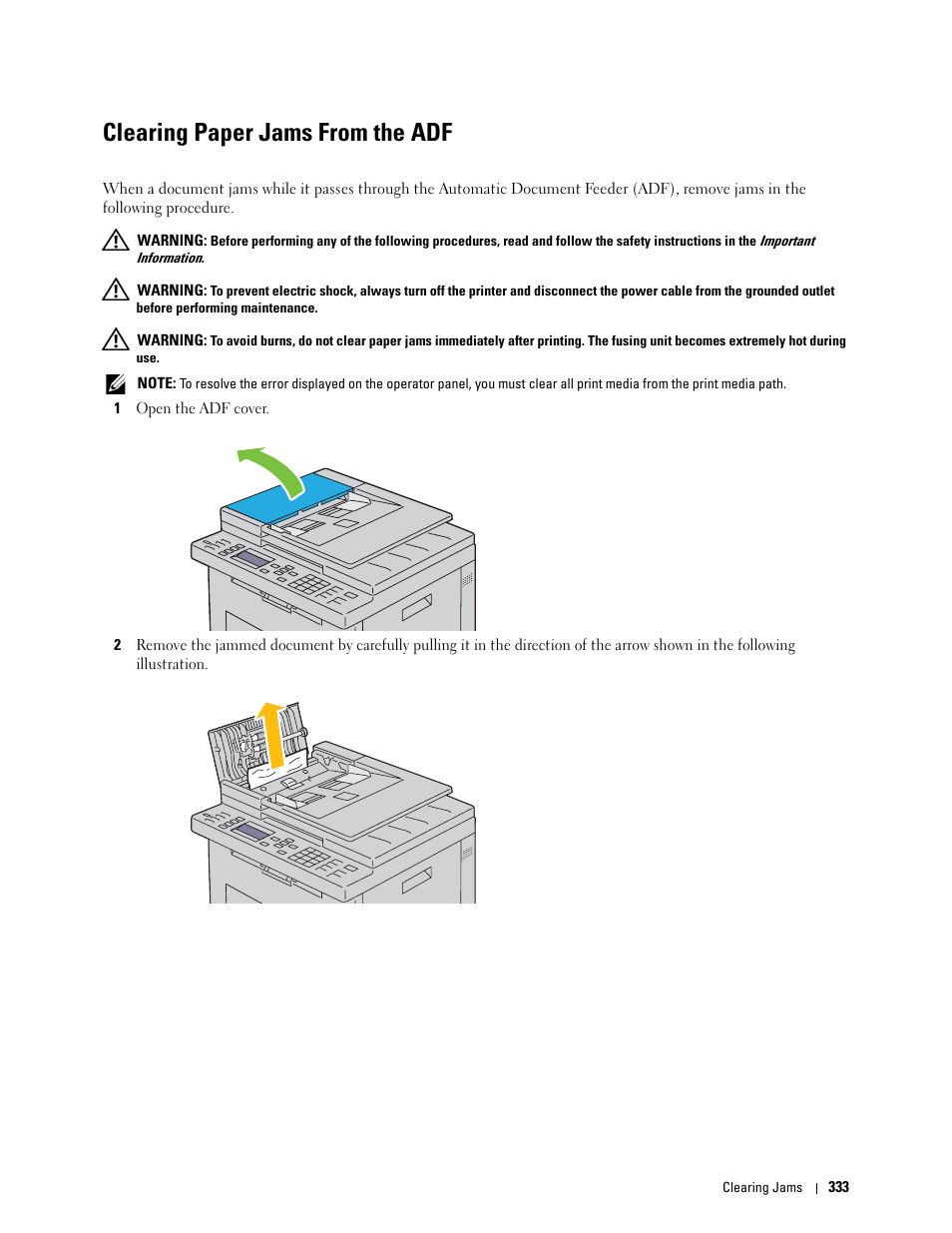 Clearing paper jams from the adf | Dell C1765NFW MFP Laser Printer User Manual | Page 335 / 382