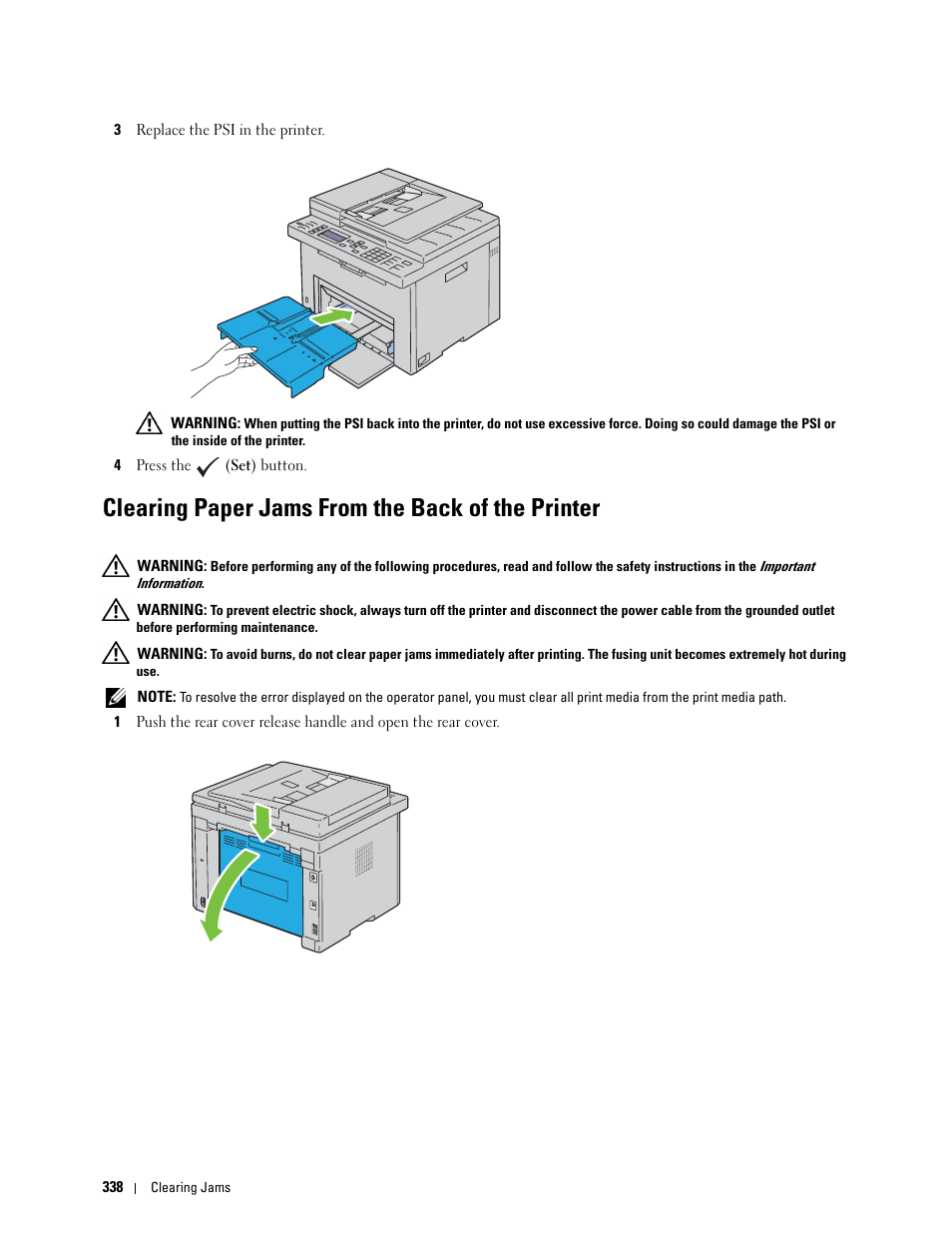 Clearing paper jams from the back of the printer | Dell C1765NFW MFP Laser Printer User Manual | Page 340 / 382