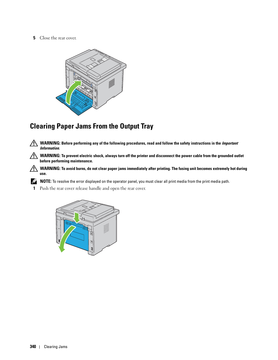 Clearing paper jams from the output tray | Dell C1765NFW MFP Laser Printer User Manual | Page 342 / 382