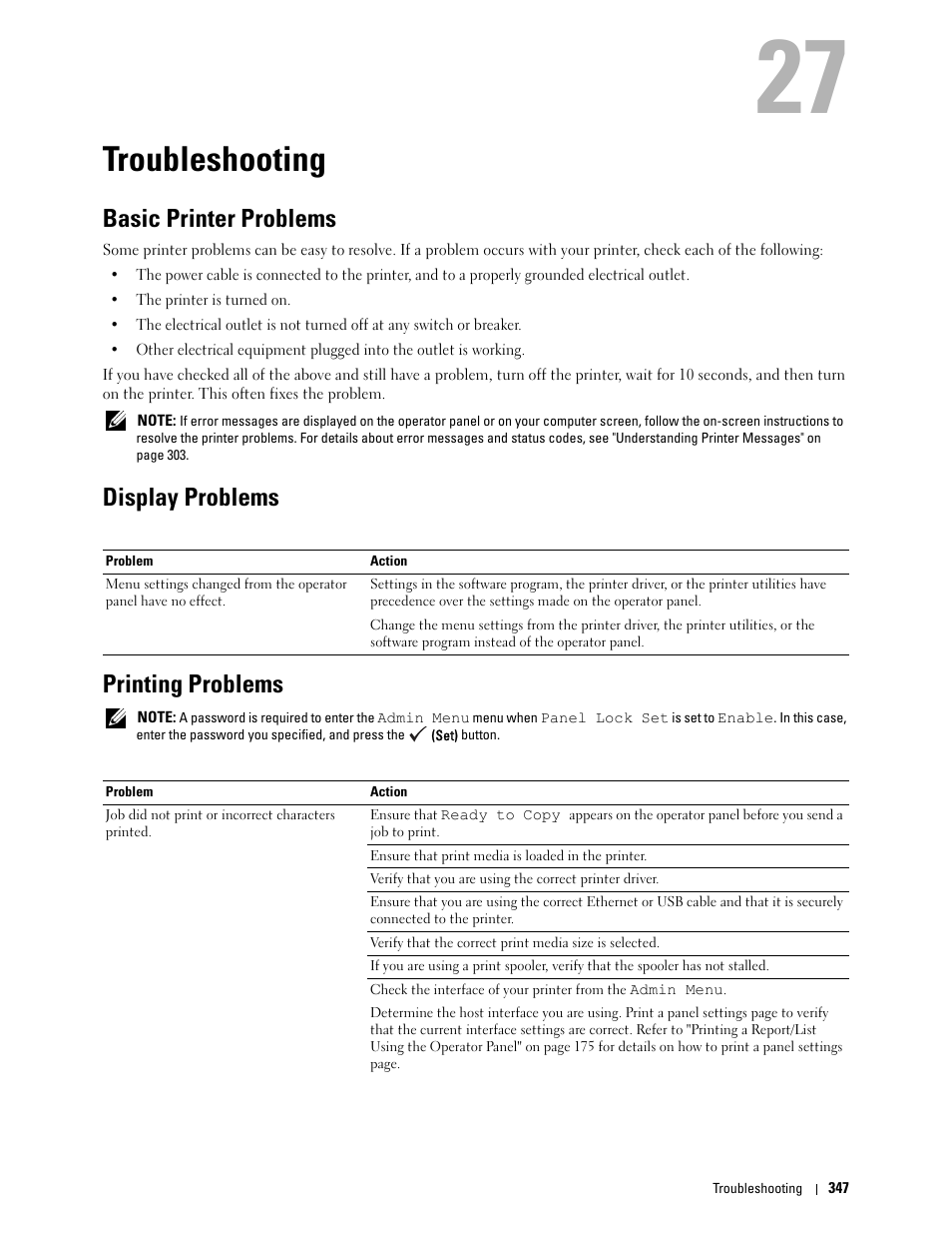 Troubleshooting, Basic printer problems, Display problems | Printing problems, 27 troubleshooting, Display problems printing problems | Dell C1765NFW MFP Laser Printer User Manual | Page 349 / 382
