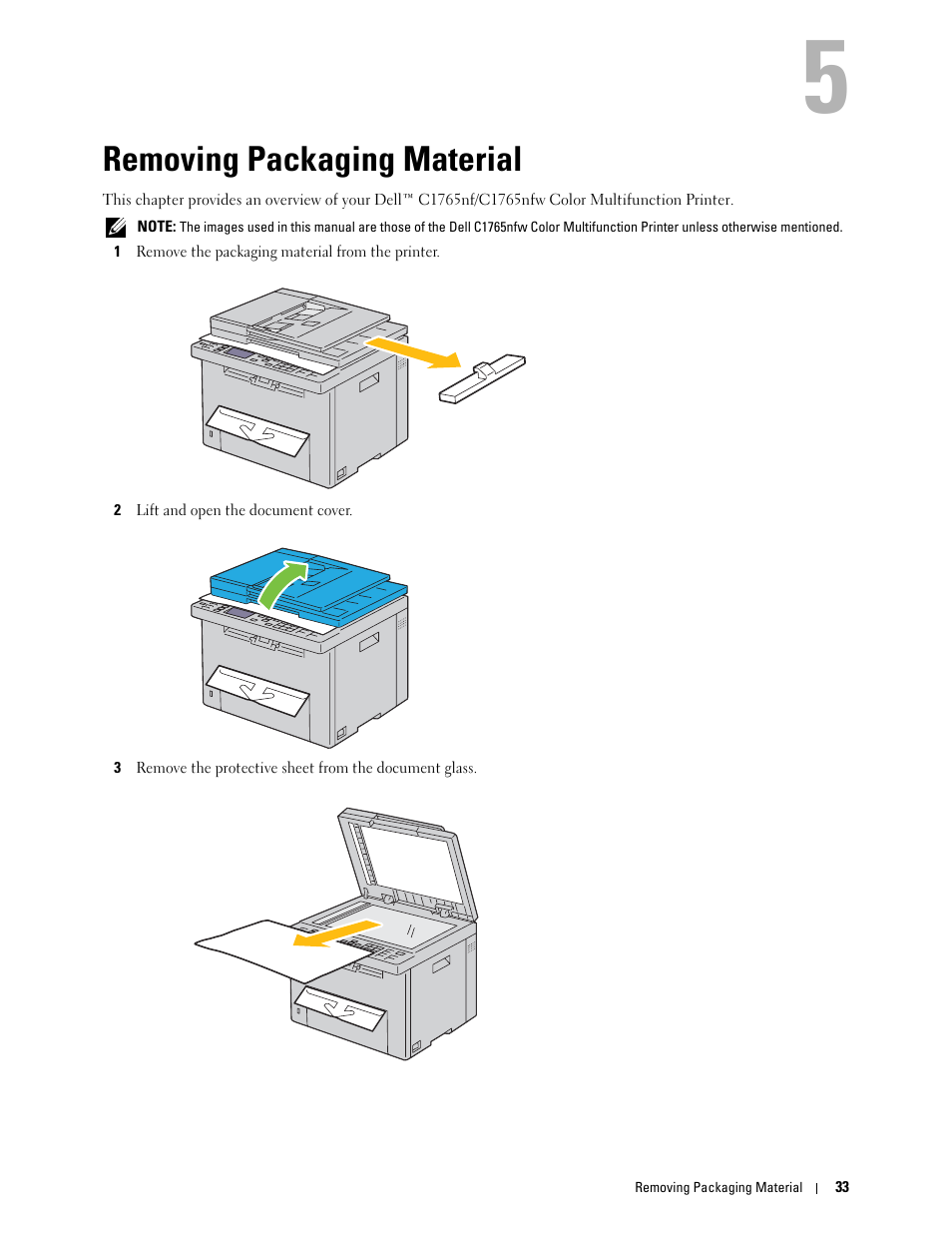 Removing packaging material, 5 removing packaging material | Dell C1765NFW MFP Laser Printer User Manual | Page 35 / 382