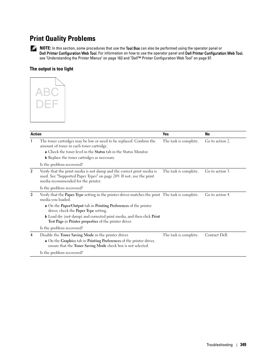 Print quality problems, The output is too light | Dell C1765NFW MFP Laser Printer User Manual | Page 351 / 382
