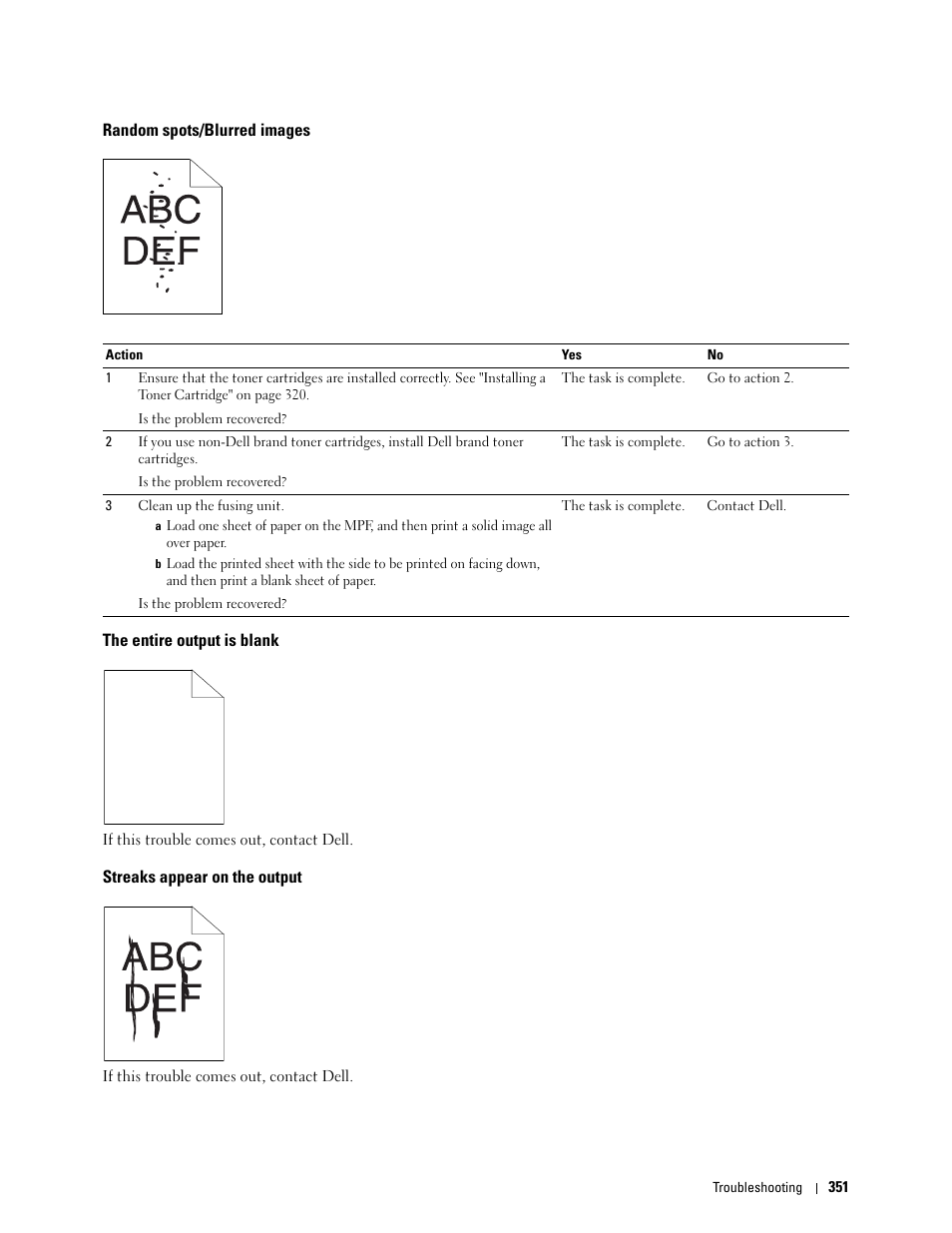 Random spots/blurred images, The entire output is blank, Streaks appear on the output | Dell C1765NFW MFP Laser Printer User Manual | Page 353 / 382