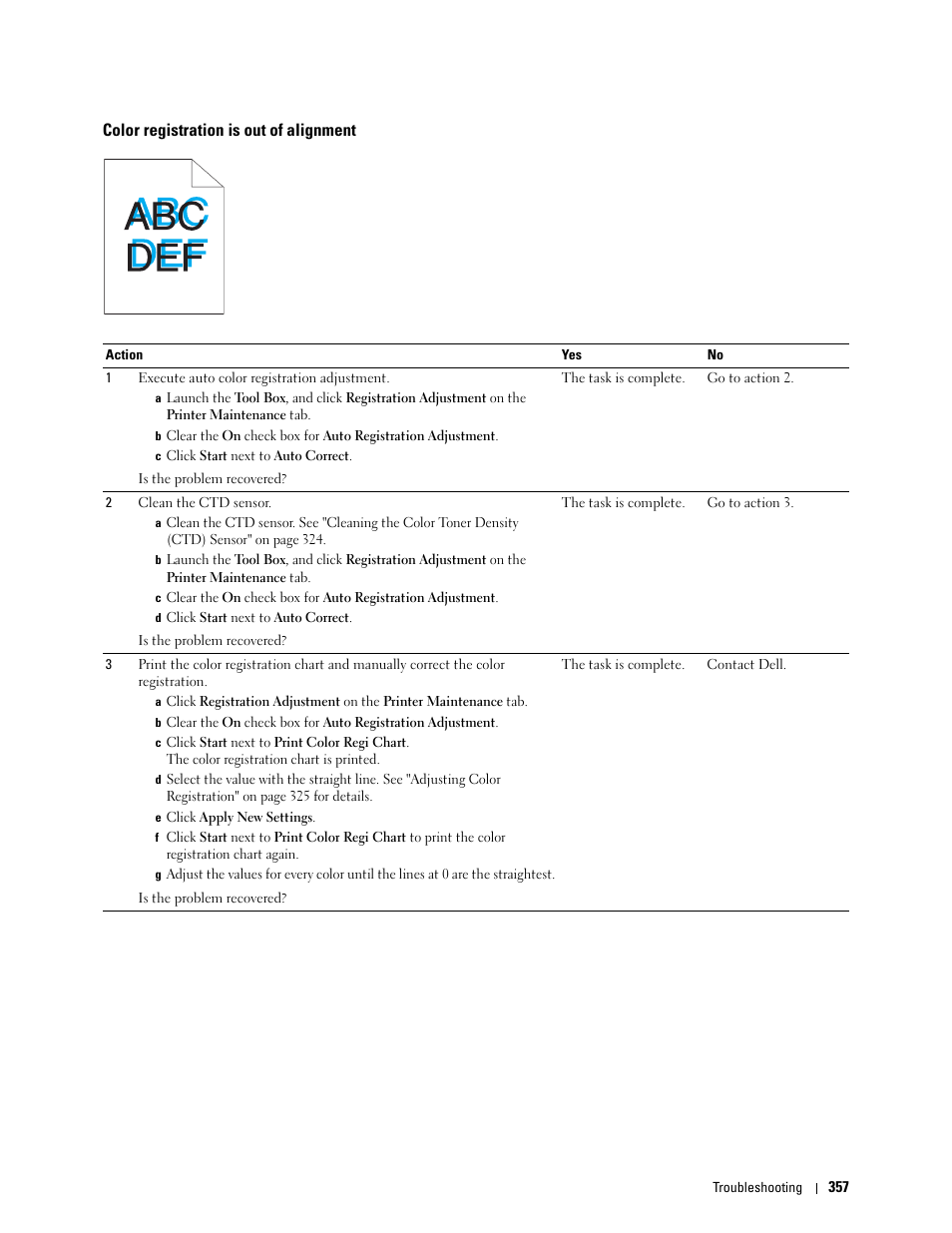 Color registration is out of alignment | Dell C1765NFW MFP Laser Printer User Manual | Page 359 / 382