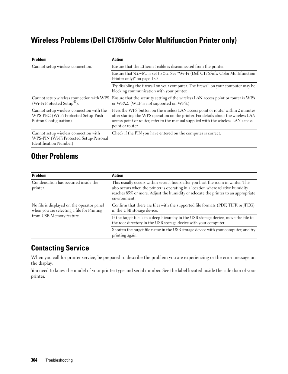 Other problems, Contacting service, See "wireless problems (dell c1765nfw color | Dell C1765NFW MFP Laser Printer User Manual | Page 366 / 382