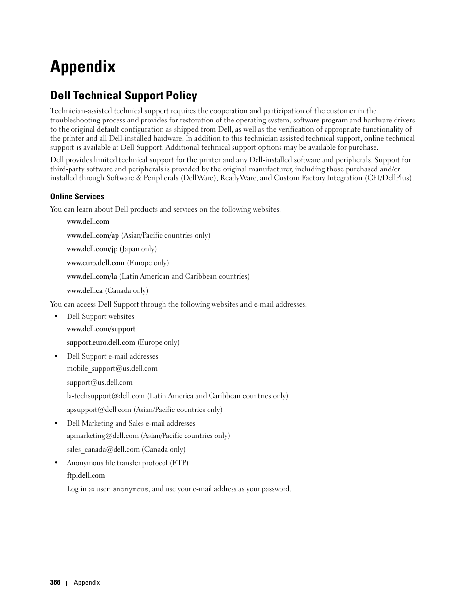 Appendix, Dell technical support policy, Online services | B appendix | Dell C1765NFW MFP Laser Printer User Manual | Page 368 / 382