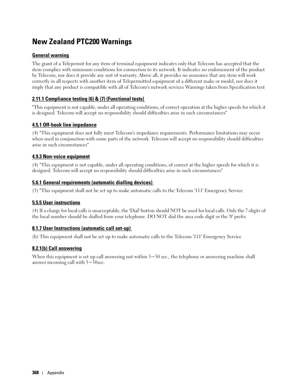 New zealand ptc200 warnings, General warning, 1 compliance testing (6) & (7) (functional tests) | 1 off-hook line impedance, 3 non-voice equipment, 5 user instructions, 7 user instructions (automatic call set-up), 1(b) call answering | Dell C1765NFW MFP Laser Printer User Manual | Page 370 / 382