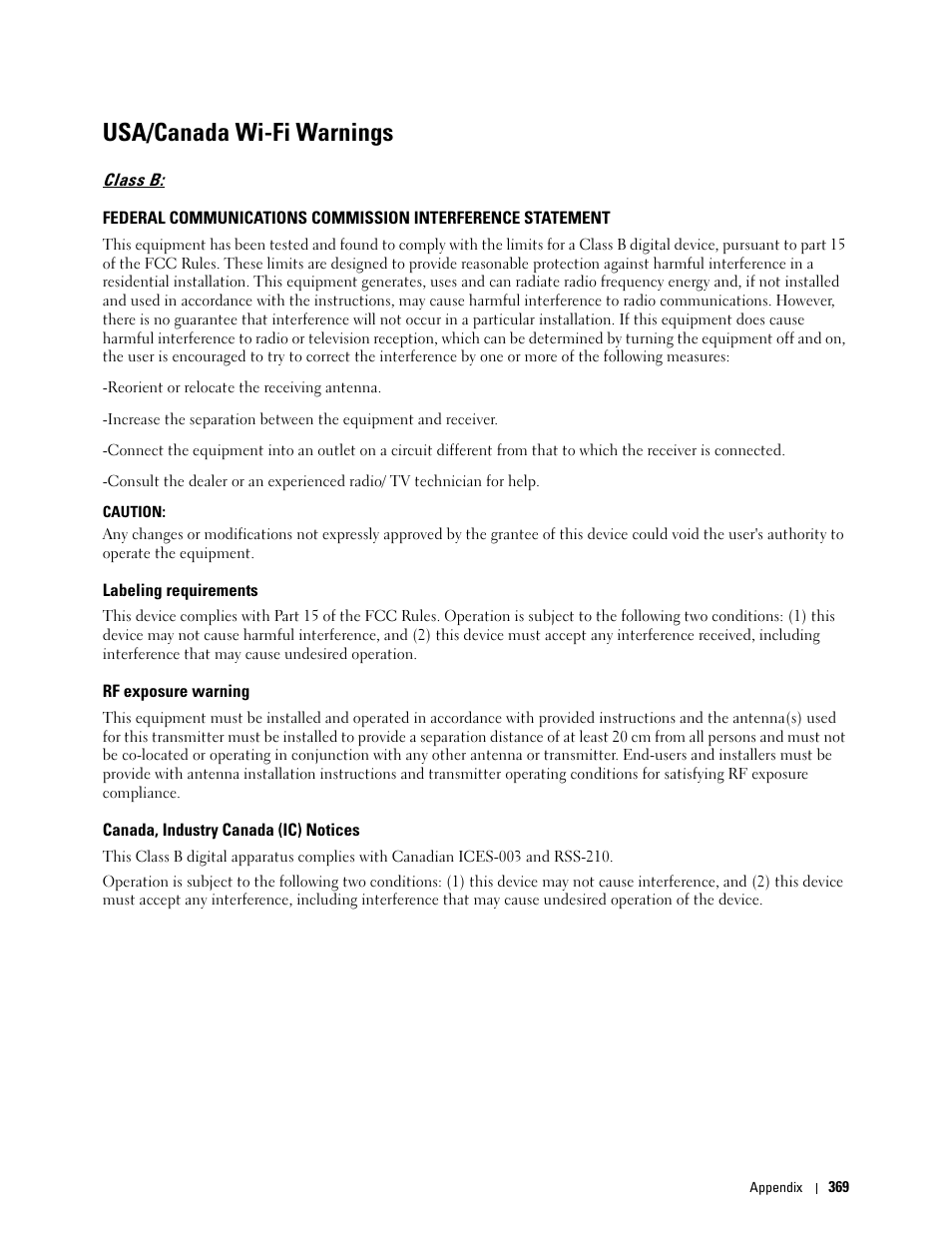 Usa/canada wi-fi warnings, Labeling requirements, Rf exposure warning | Canada, industry canada (ic) notices | Dell C1765NFW MFP Laser Printer User Manual | Page 371 / 382