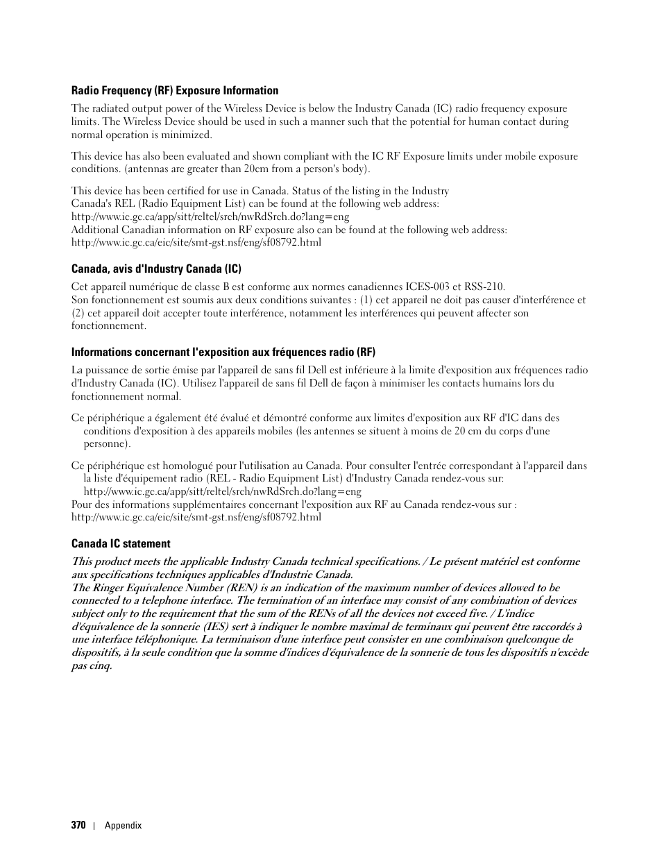 Radio frequency (rf) exposure information, Canada, avis d'industry canada (ic), Canada ic statement | Dell C1765NFW MFP Laser Printer User Manual | Page 372 / 382