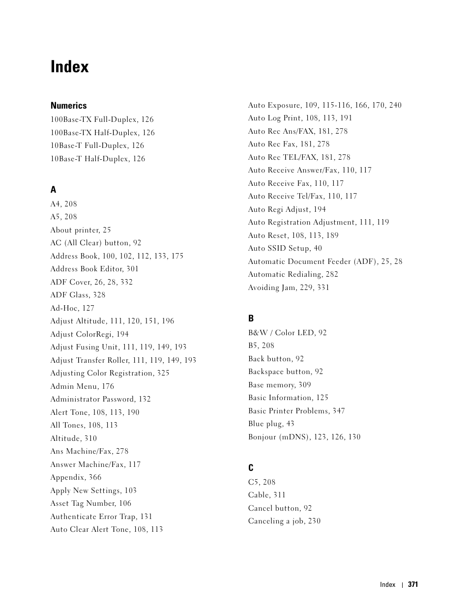 Index, Numerics | Dell C1765NFW MFP Laser Printer User Manual | Page 373 / 382