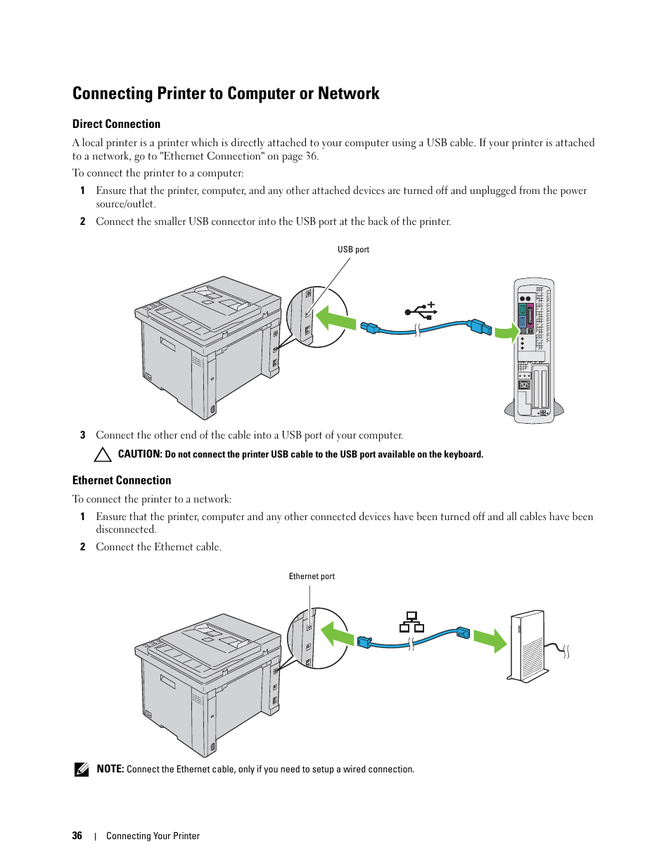 Connecting printer to computer or network, Direct connection, Ethernet connection | Dell C1765NFW MFP Laser Printer User Manual | Page 38 / 382