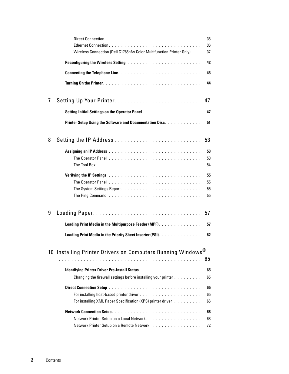 7 setting up your printer, 8 setting the ip address, 9 loading paper | Dell C1765NFW MFP Laser Printer User Manual | Page 4 / 382