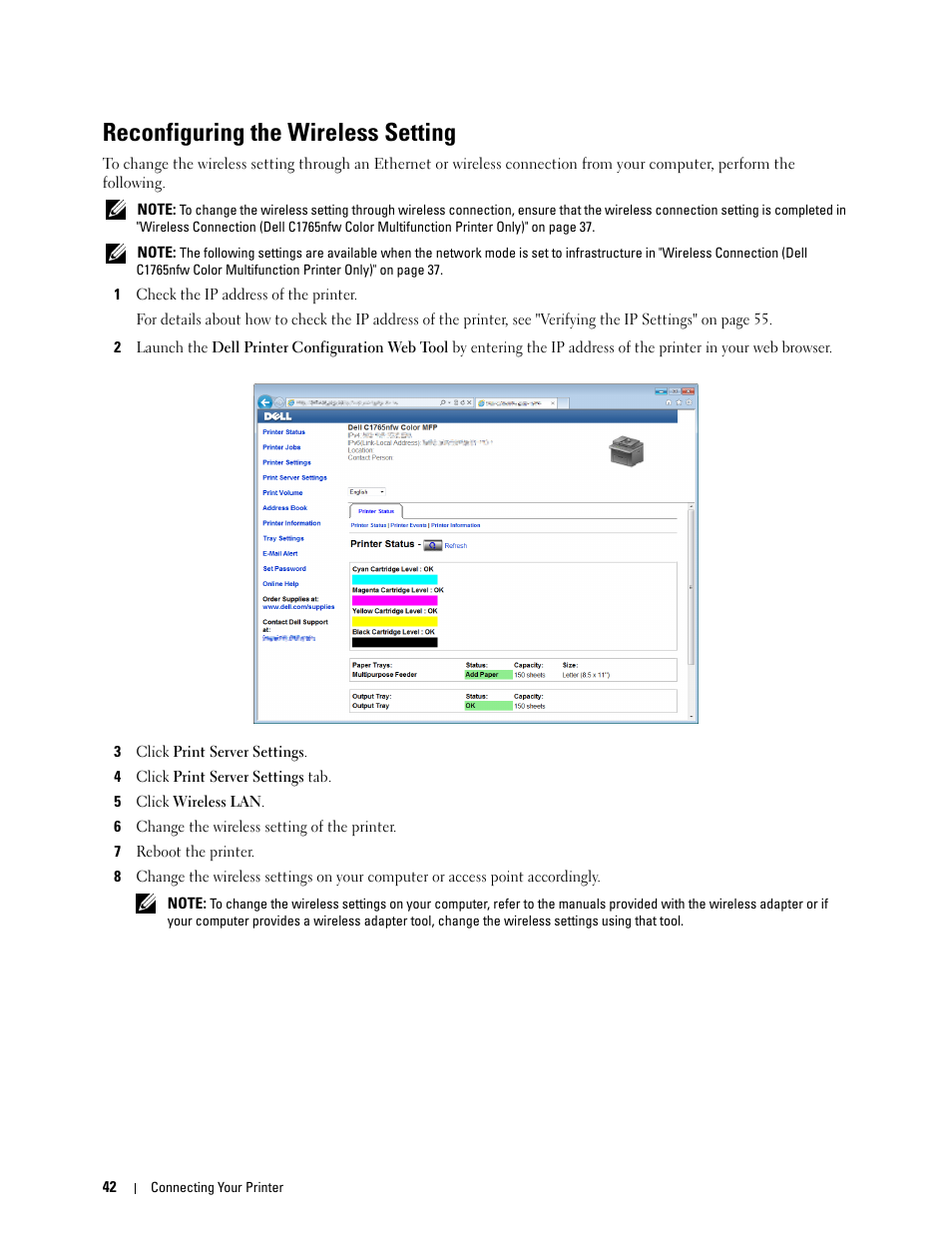 Reconfiguring the wireless setting | Dell C1765NFW MFP Laser Printer User Manual | Page 44 / 382