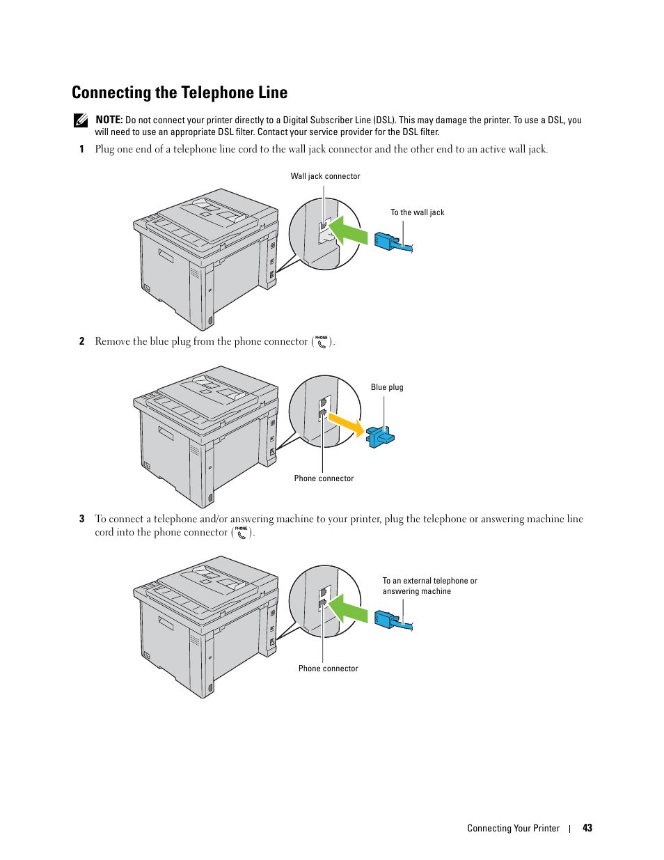 Connecting the telephone line | Dell C1765NFW MFP Laser Printer User Manual | Page 45 / 382