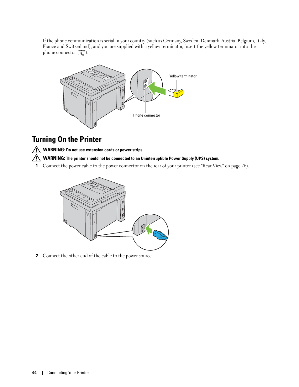 Turning on the printer | Dell C1765NFW MFP Laser Printer User Manual | Page 46 / 382