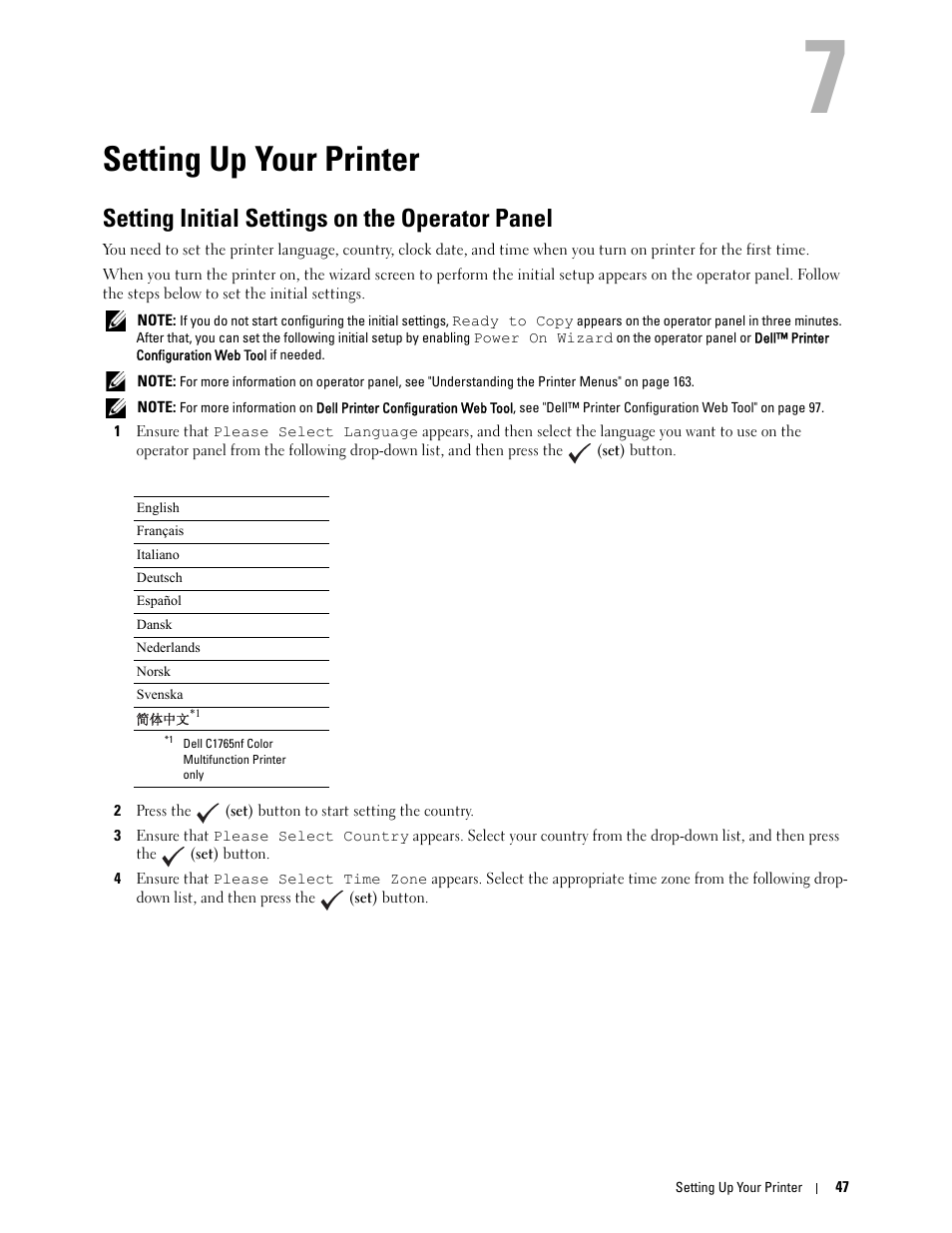 Setting up your printer, Setting initial settings on the operator panel, 7 setting up your printer | Dell C1765NFW MFP Laser Printer User Manual | Page 49 / 382
