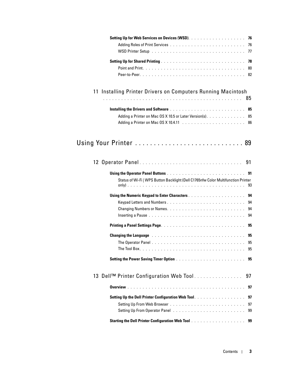 Using your printer, 12 operator panel, 13 dell™ printer configuration web tool | Dell C1765NFW MFP Laser Printer User Manual | Page 5 / 382