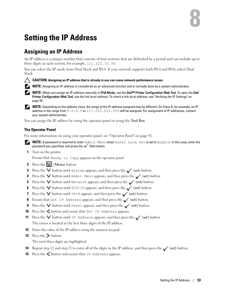 Setting the ip address, Assigning an ip address, The operator panel | 8 setting the ip address | Dell C1765NFW MFP Laser Printer User Manual | Page 55 / 382