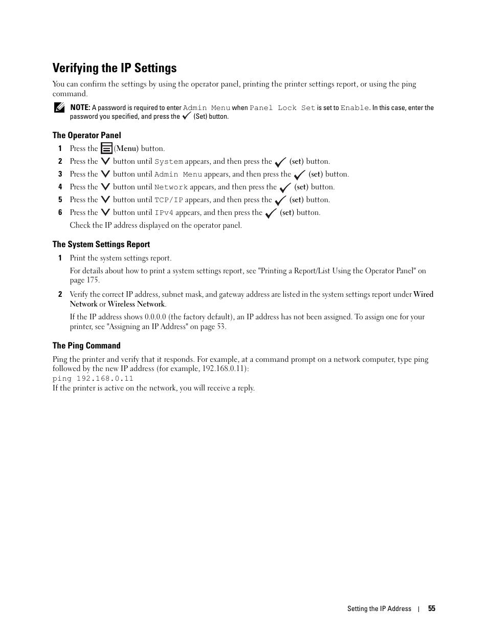 Verifying the ip settings, The operator panel, The system settings report | The ping command | Dell C1765NFW MFP Laser Printer User Manual | Page 57 / 382