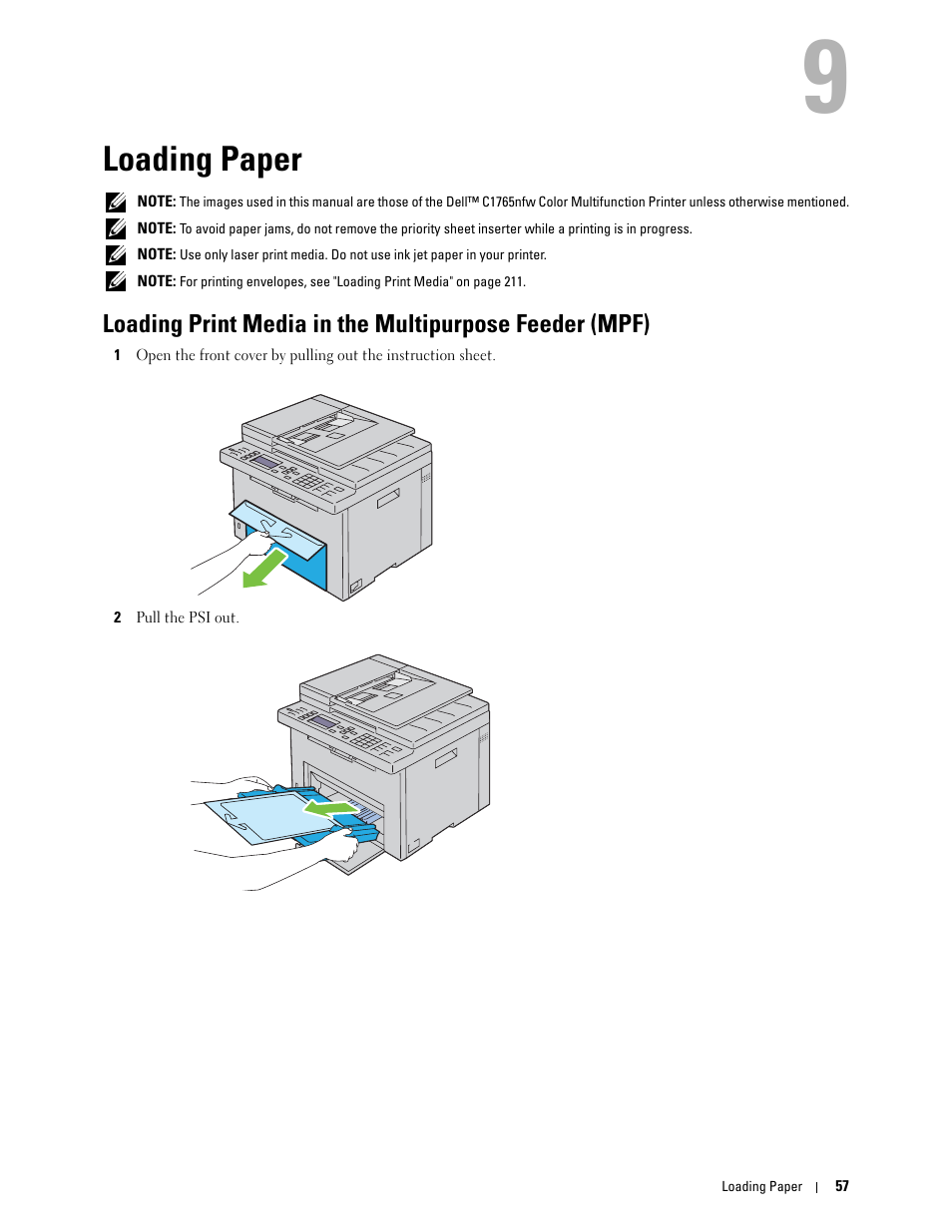 Loading paper, 9 loading paper | Dell C1765NFW MFP Laser Printer User Manual | Page 59 / 382