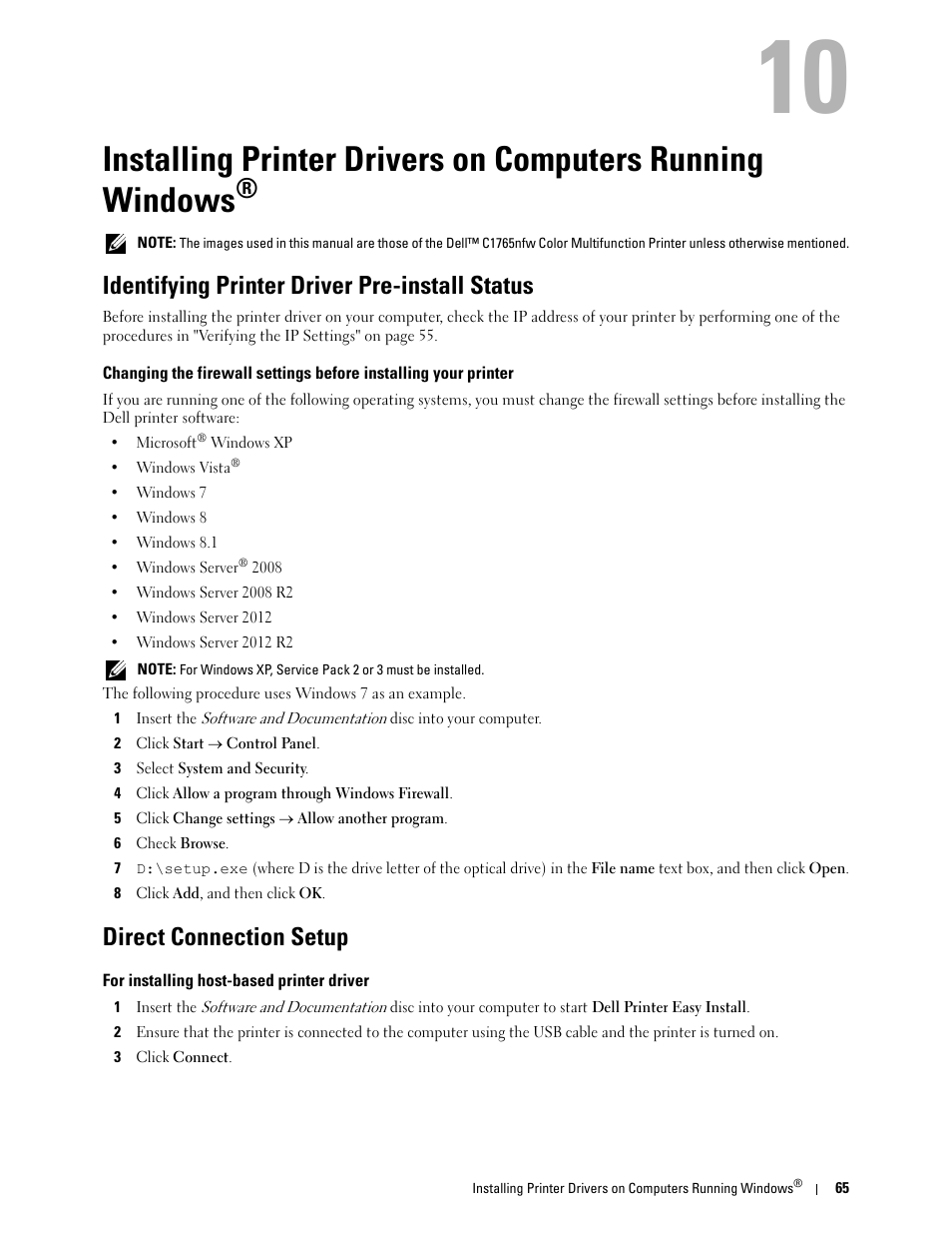 Identifying printer driver pre-install status, Direct connection setup, For installing host-based printer driver | Dell C1765NFW MFP Laser Printer User Manual | Page 67 / 382