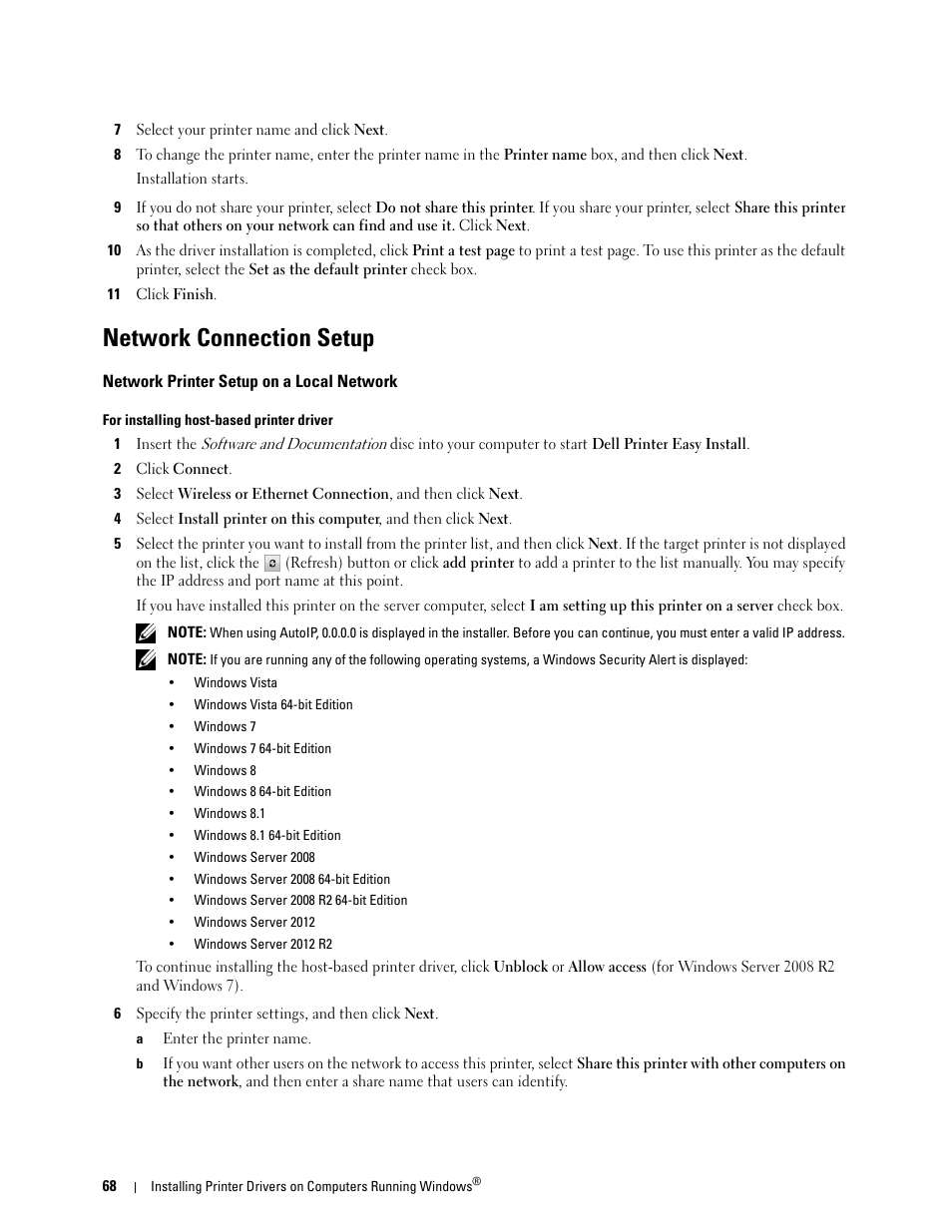 Network connection setup, Network printer setup on a local network | Dell C1765NFW MFP Laser Printer User Manual | Page 70 / 382