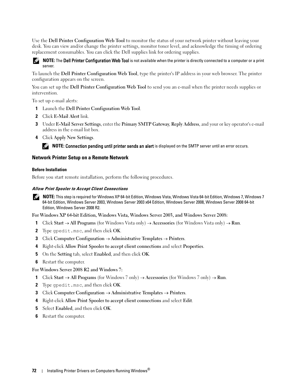 Network printer setup on a remote network | Dell C1765NFW MFP Laser Printer User Manual | Page 74 / 382
