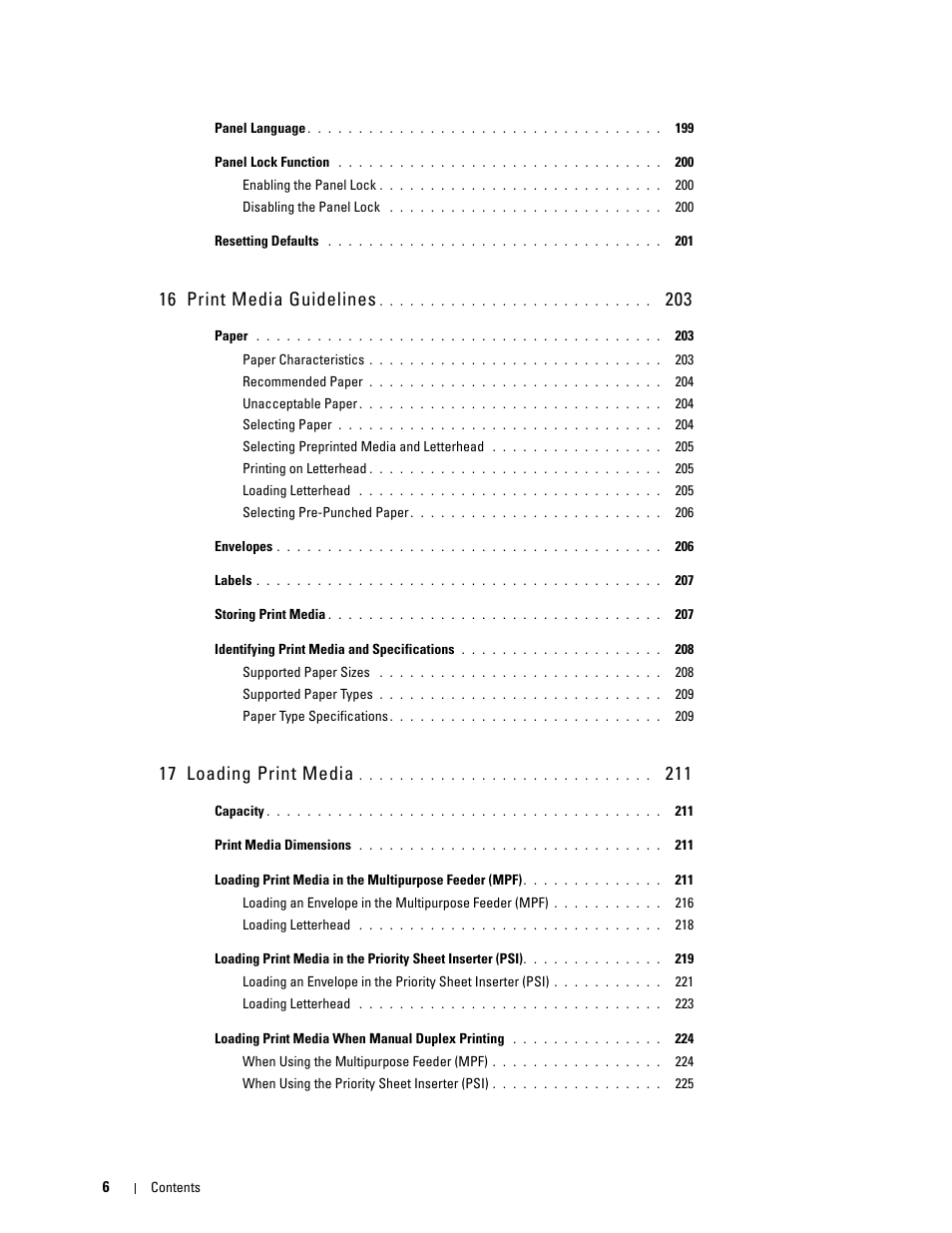 16 print media guidelines, 17 loading print media | Dell C1765NFW MFP Laser Printer User Manual | Page 8 / 382