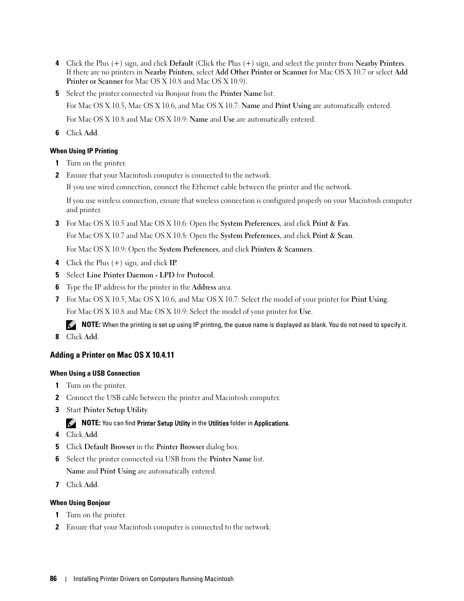 Adding a printer on mac os x 10.4.11 | Dell C1765NFW MFP Laser Printer User Manual | Page 88 / 382