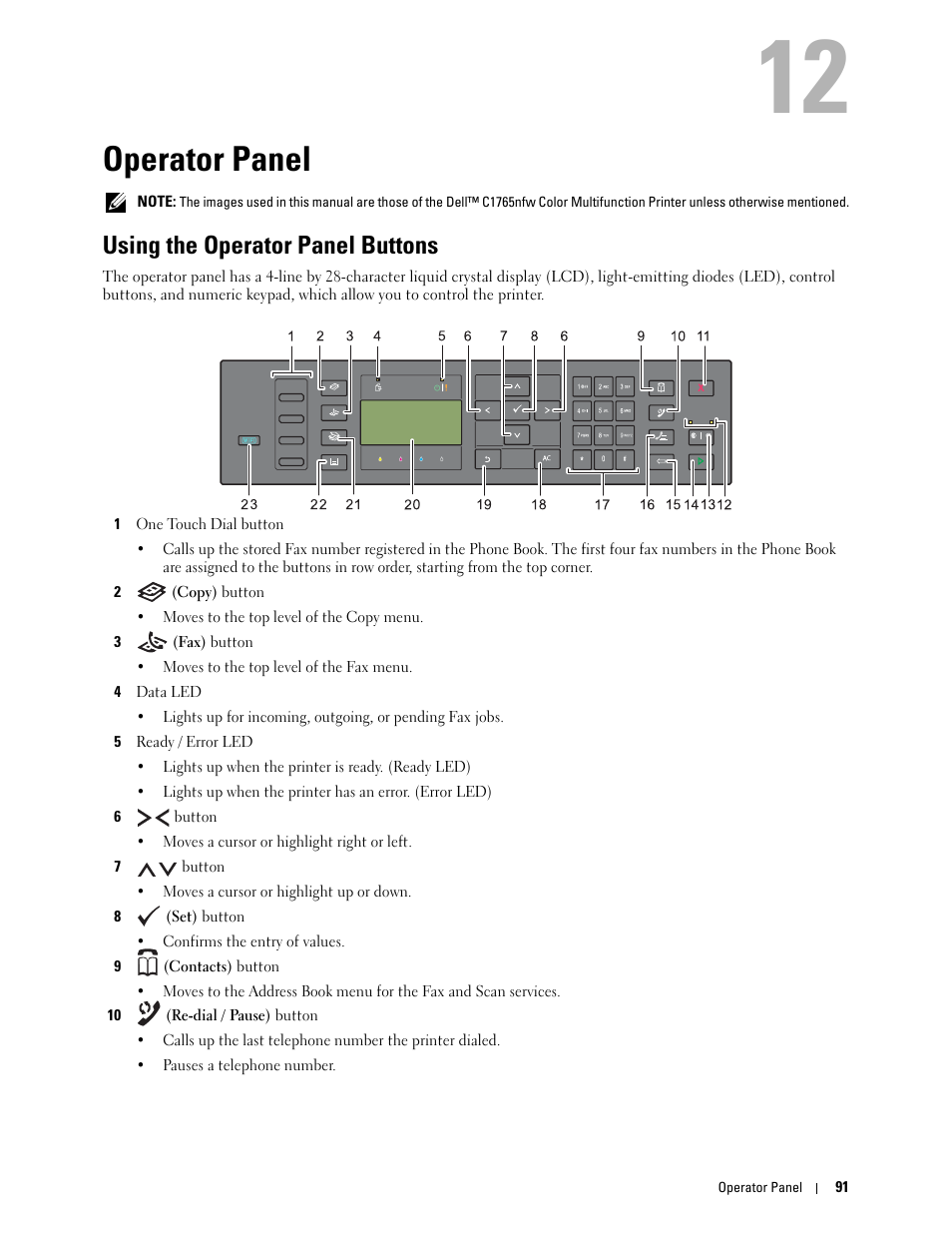 Operator panel, Using the operator panel buttons, 12 operator panel | Dell C1765NFW MFP Laser Printer User Manual | Page 93 / 382