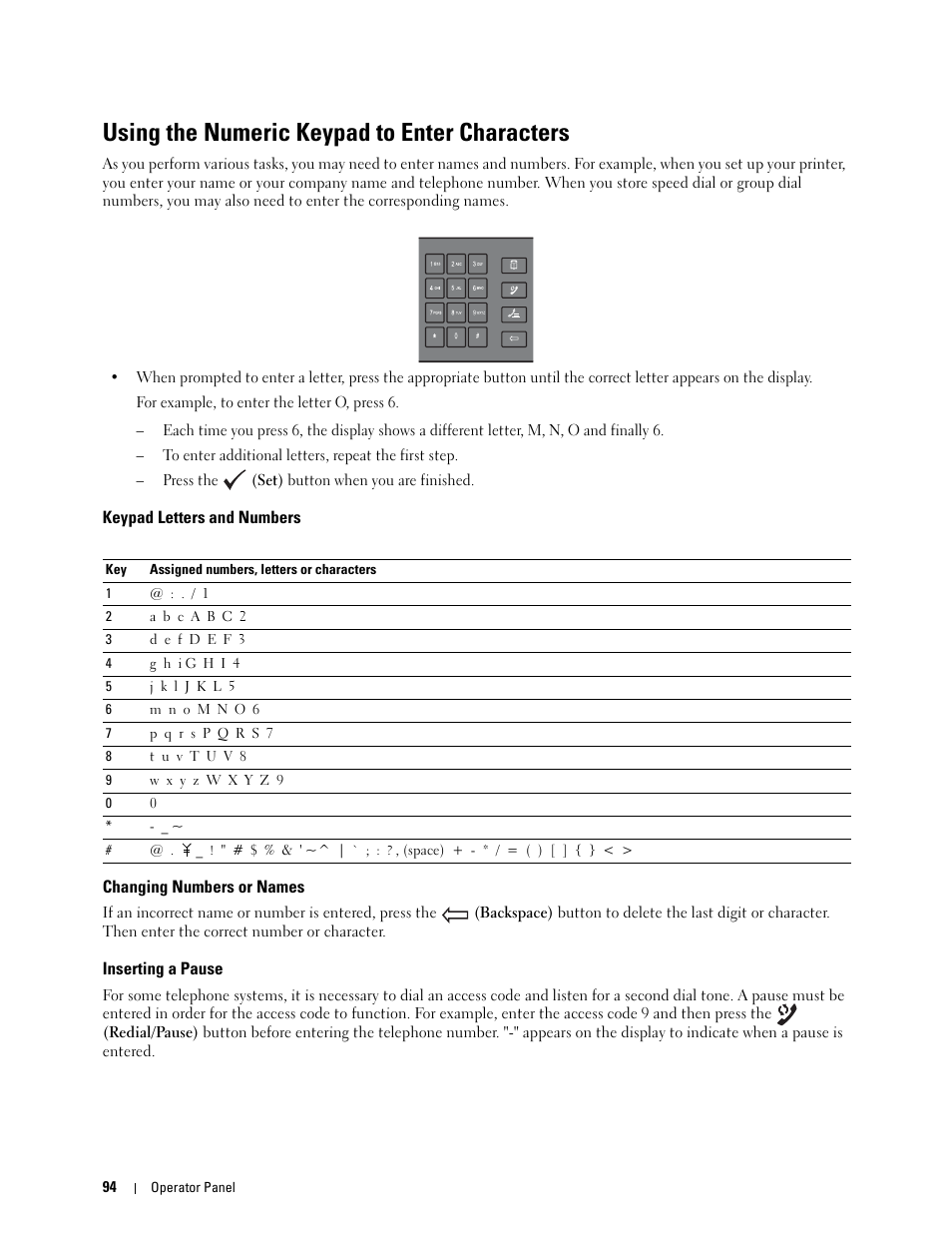 Using the numeric keypad to enter characters, Keypad letters and numbers, Changing numbers or names | Inserting a pause | Dell C1765NFW MFP Laser Printer User Manual | Page 96 / 382
