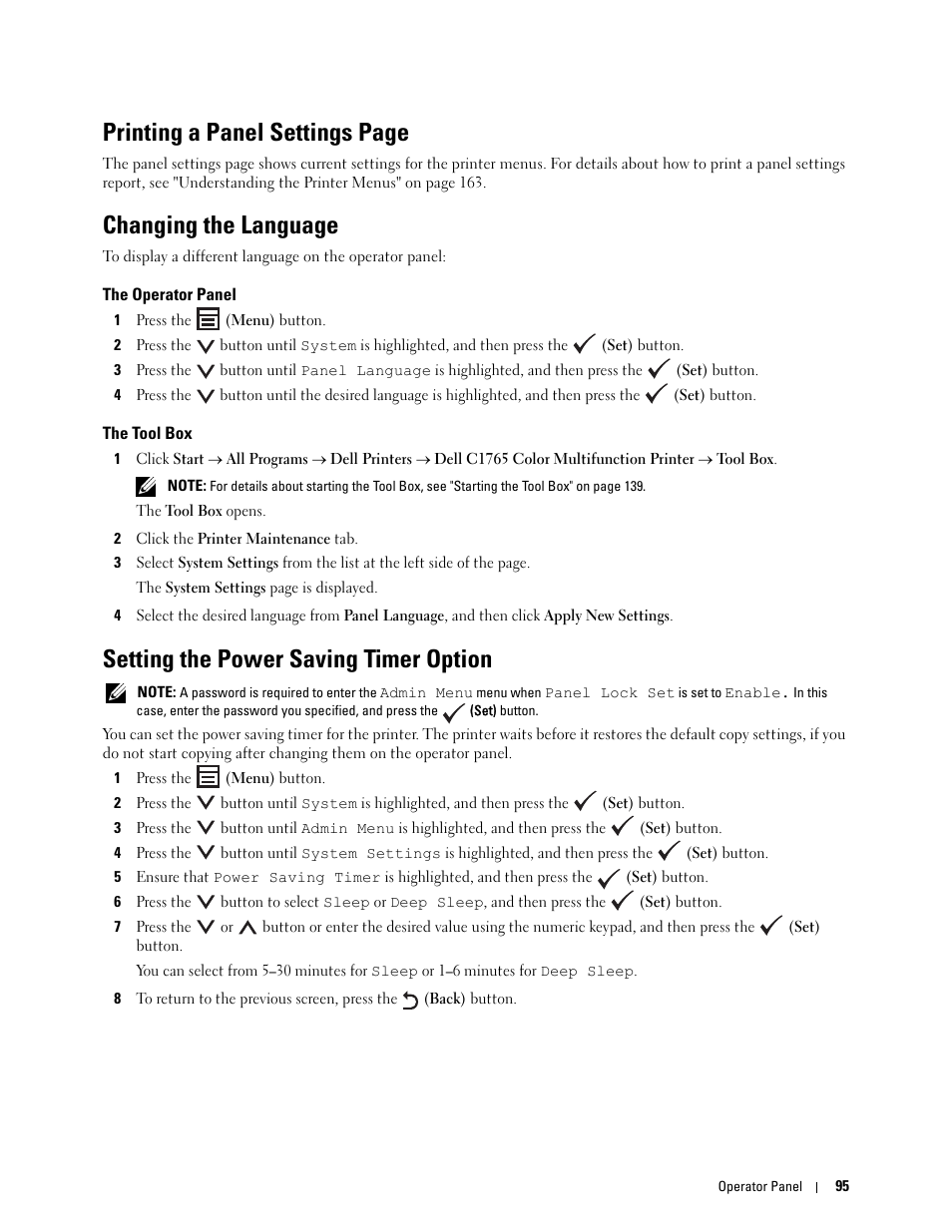 Changing the language, The operator panel, The tool box | Setting the power saving timer option, Printing a panel settings page | Dell C1765NFW MFP Laser Printer User Manual | Page 97 / 382
