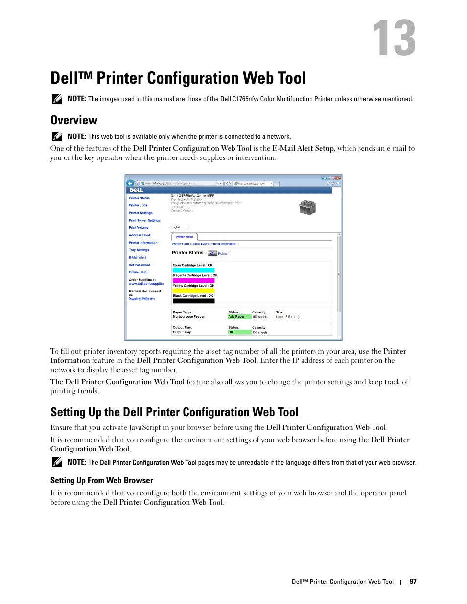 Dell™ printer configuration web tool, Overview, Setting up the dell printer configuration web tool | Setting up from web browser, 13 dell™ printer configuration web tool | Dell C1765NFW MFP Laser Printer User Manual | Page 99 / 382