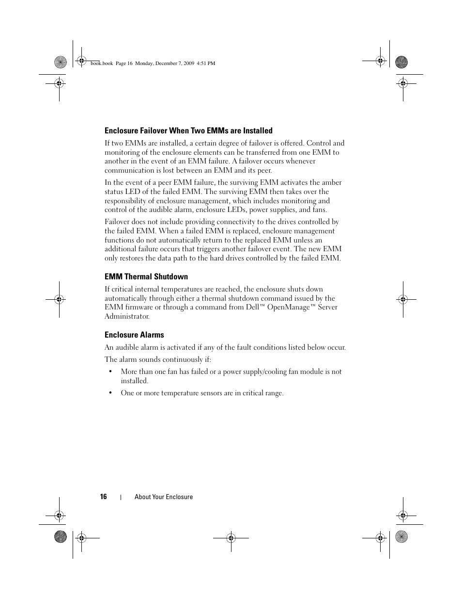 Enclosure failover when two emms are installed, Emm thermal shutdown, Enclosure alarms | Dell PowerVault MD1200 User Manual | Page 16 / 70