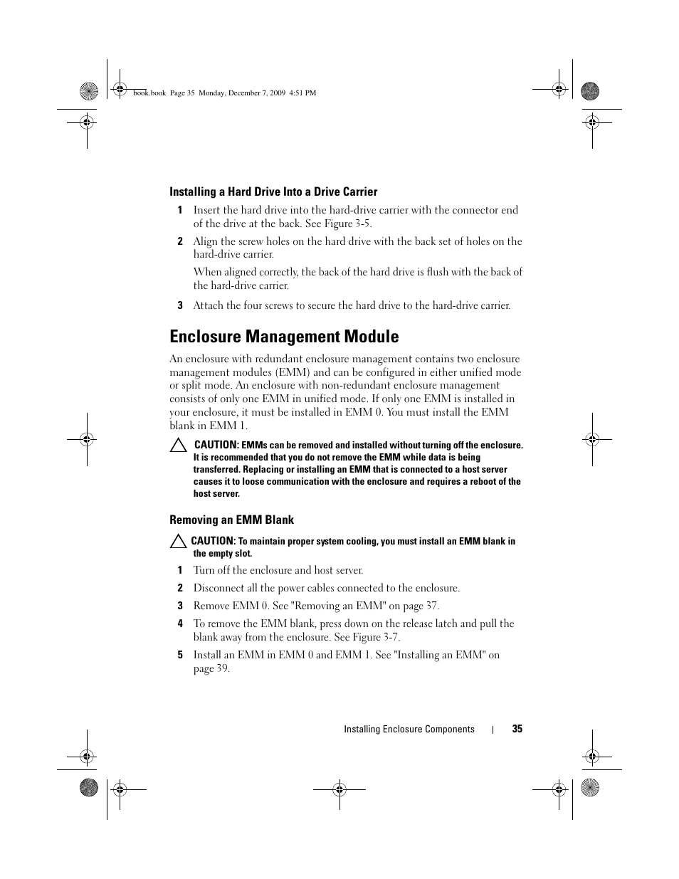 Installing a hard drive into a drive carrier, Enclosure management module, Removing an emm blank | Dell PowerVault MD1200 User Manual | Page 35 / 70