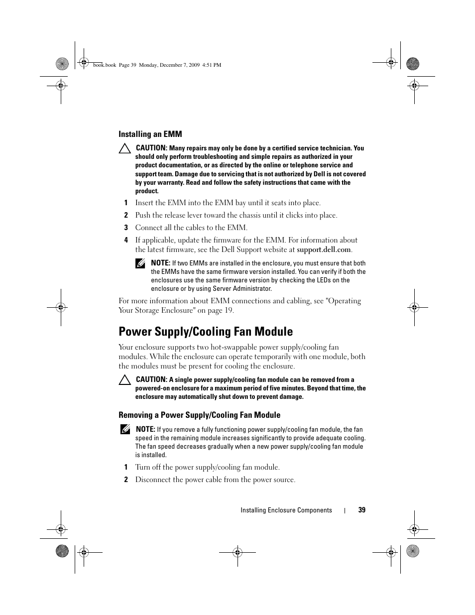 Installing an emm, Power supply/cooling fan module, Removing a power supply/cooling fan module | See "installing an emm" on | Dell PowerVault MD1200 User Manual | Page 39 / 70