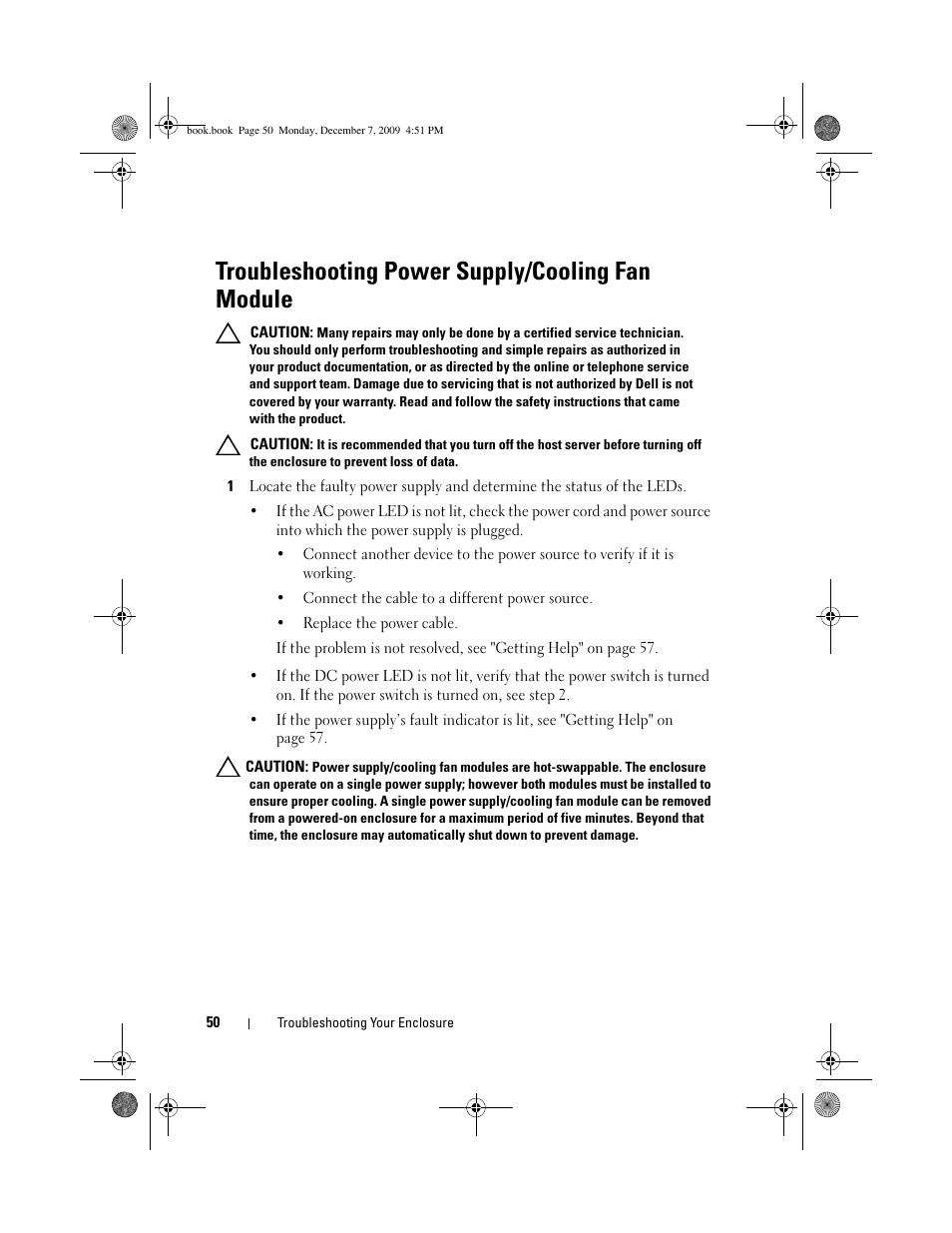 Troubleshooting power supply/cooling fan module | Dell PowerVault MD1200 User Manual | Page 50 / 70