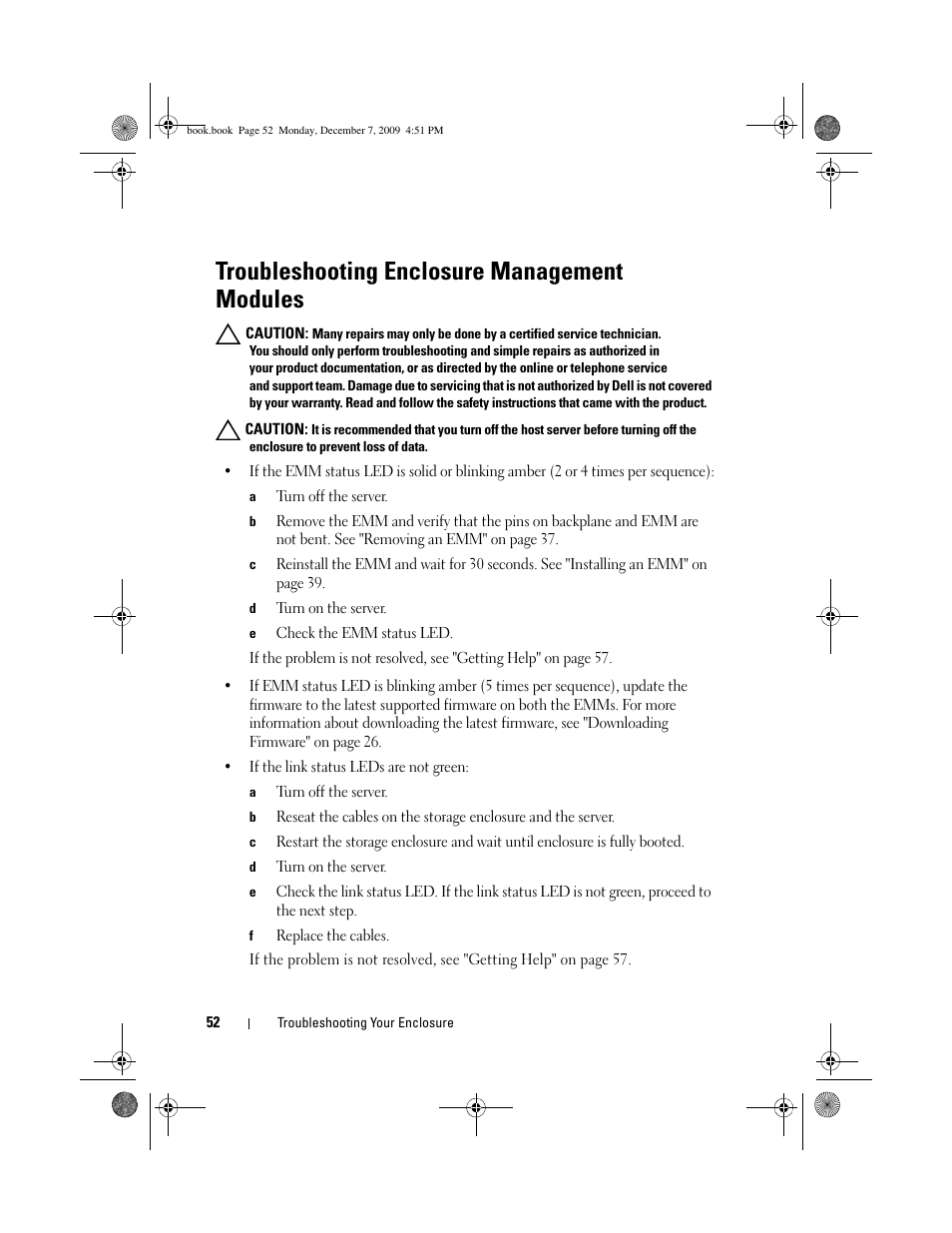 Troubleshooting enclosure management modules | Dell PowerVault MD1200 User Manual | Page 52 / 70