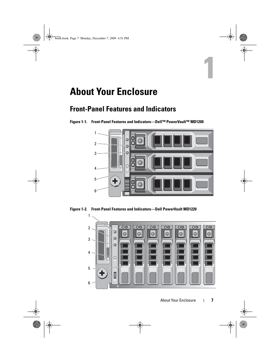 About your enclosure, Front-panel features and indicators | Dell PowerVault MD1200 User Manual | Page 7 / 70