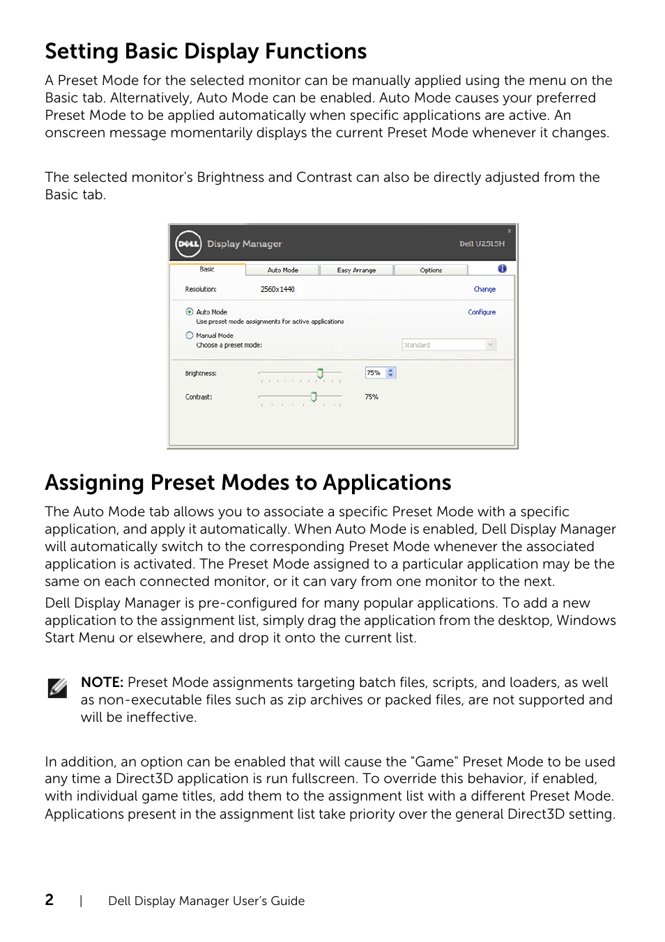 Assigning preset modes to applications, Setting basic display functions | Dell UltraSharp 25 Monitor User Manual | Page 2 / 4