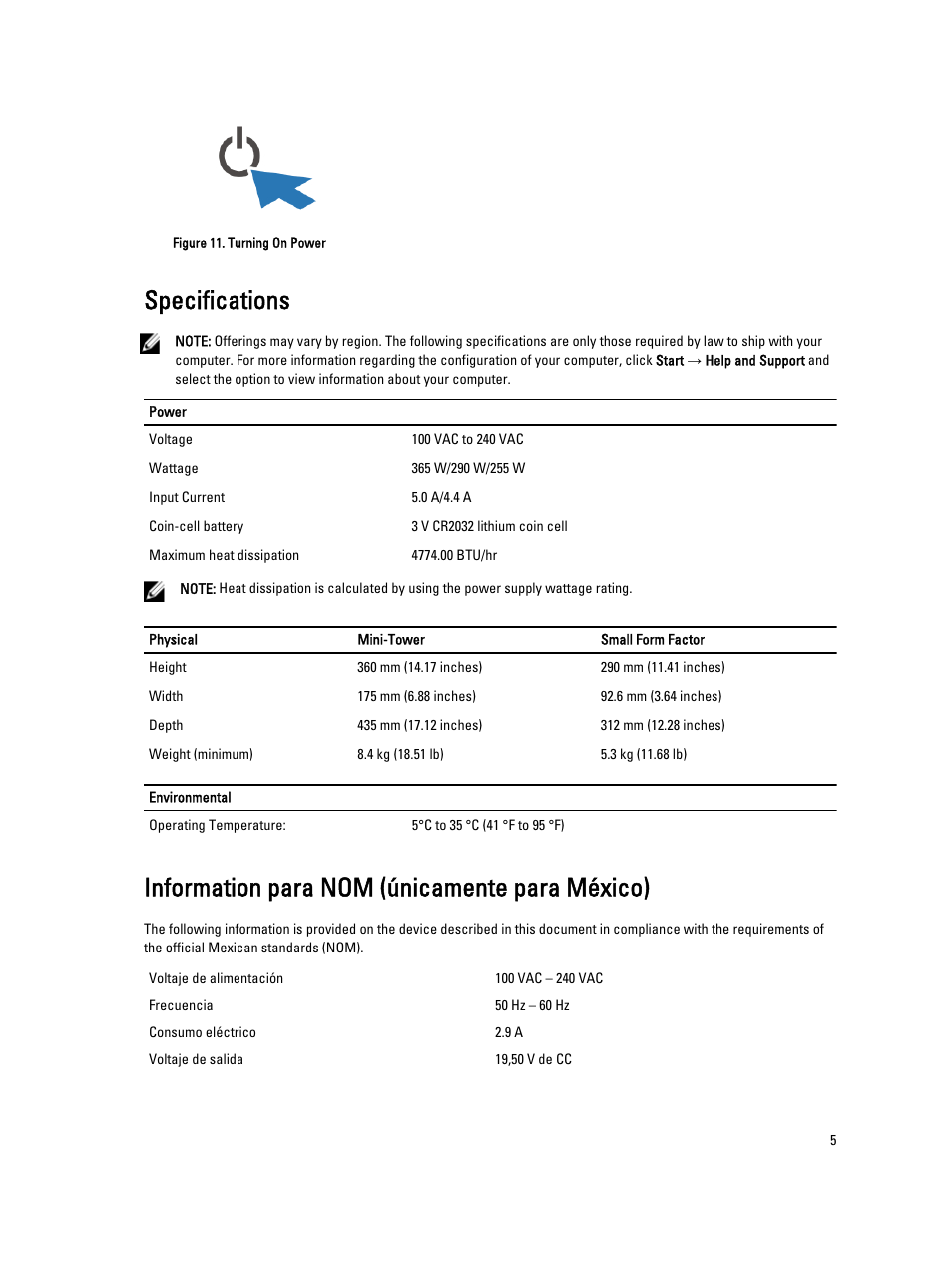 Specifications, Finding more information and resources, Information para nom (únicamente para méxico) | Dell Precision T1700 (Mid 2013) User Manual | Page 5 / 6